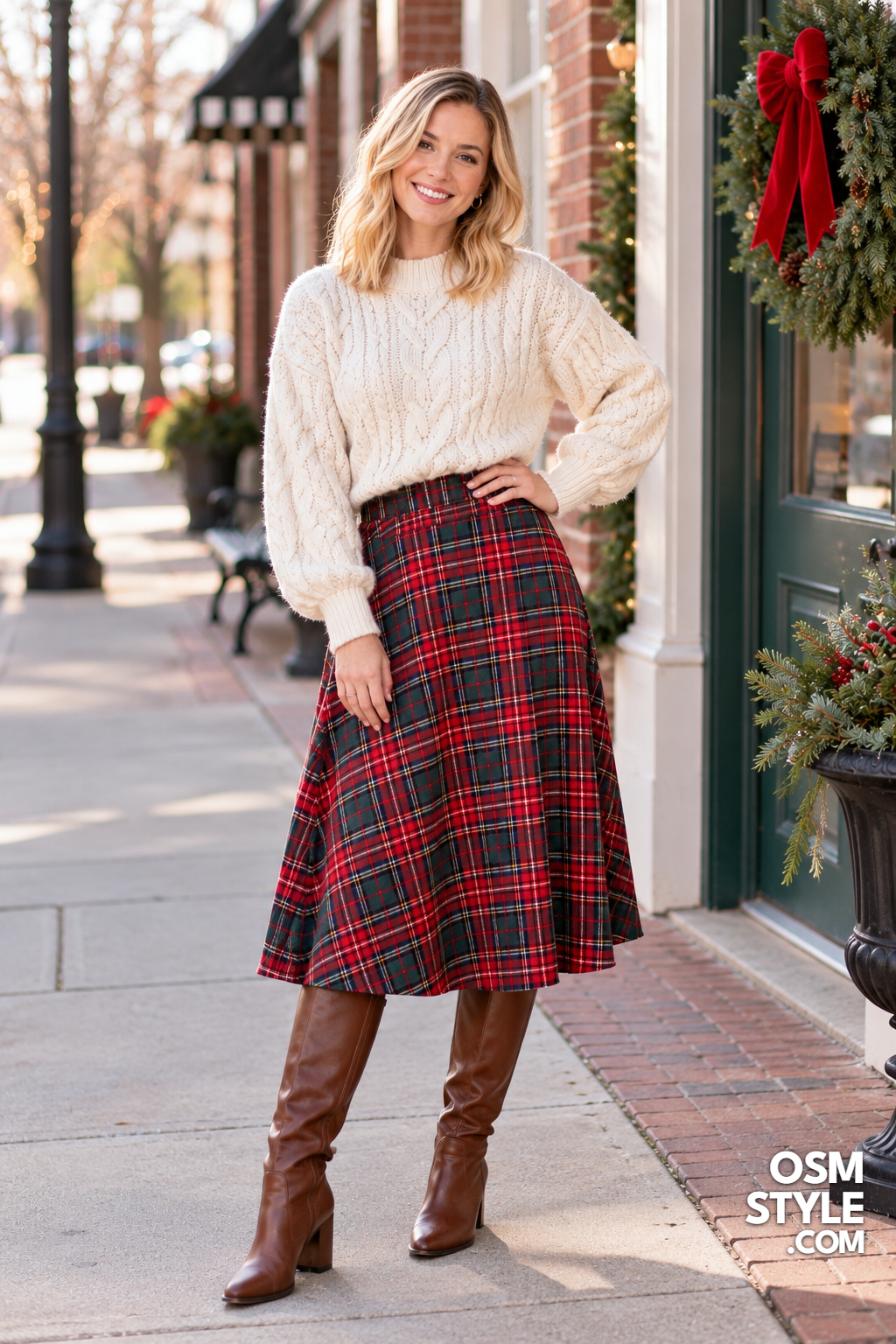 2. Cream Cable Knit And Plaid Midi Skirt