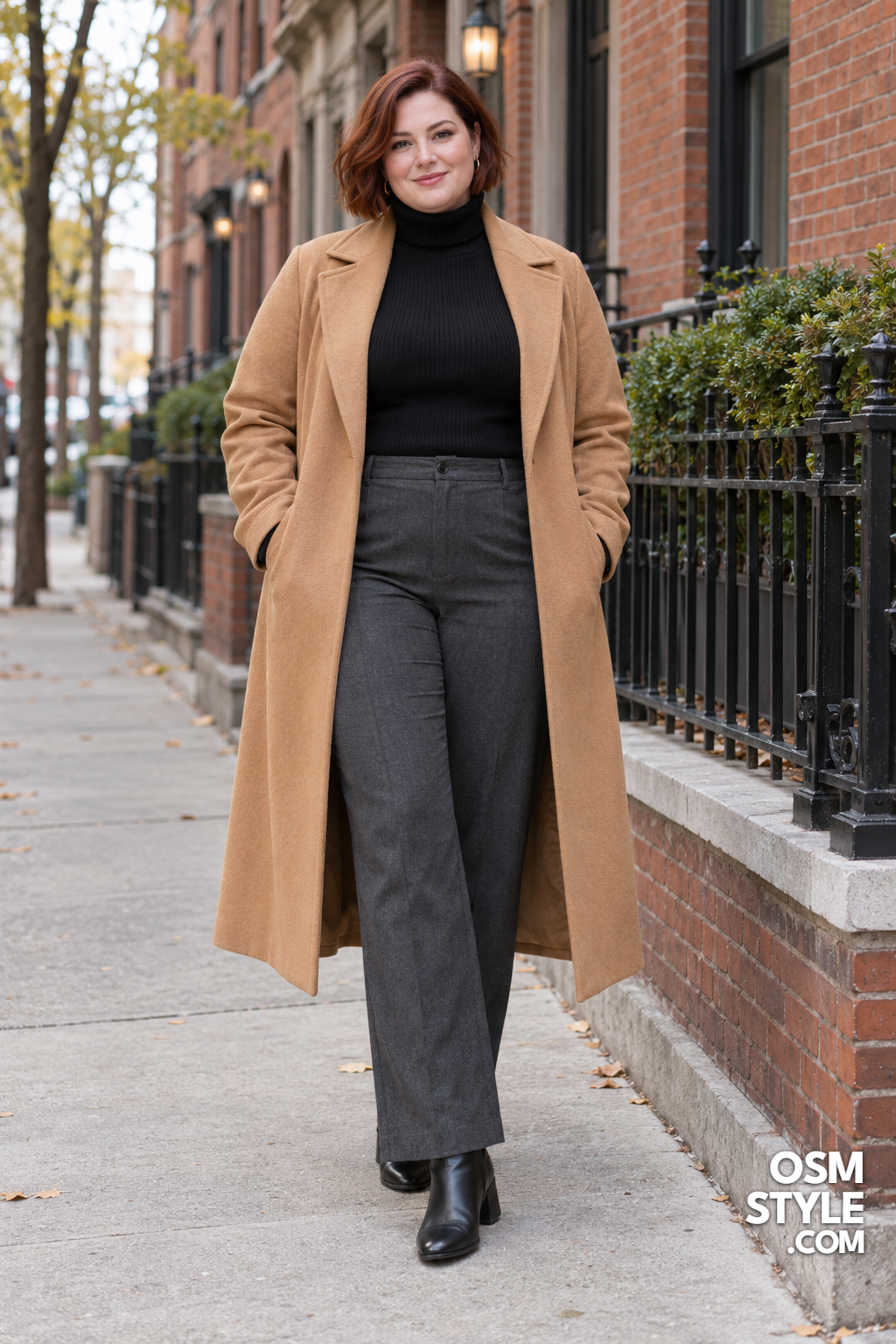 2. Long Camel Coat Over a Black Turtleneck