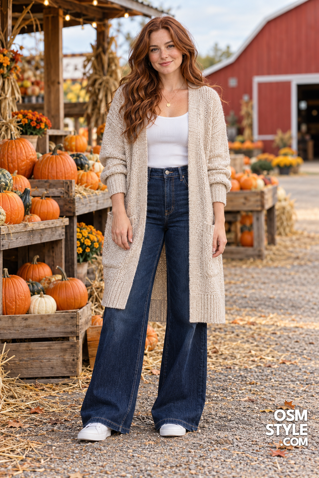 2. Long Oatmeal Cardigan Over Wide Leg Denim