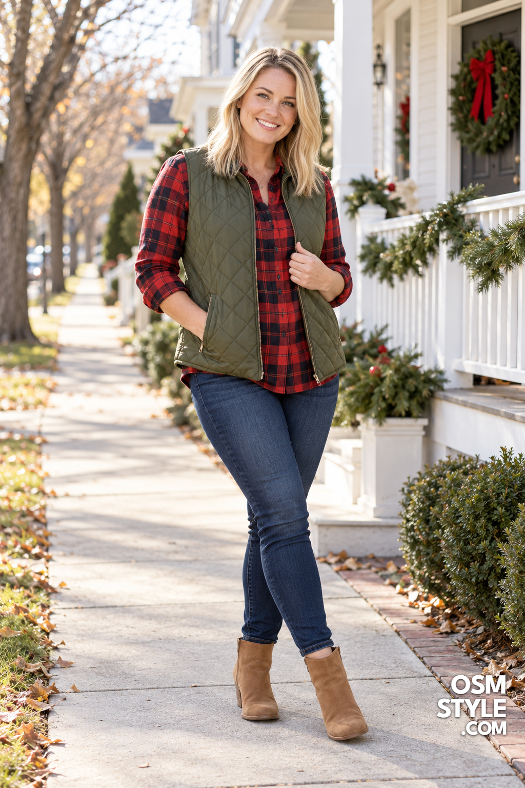 2. Red Plaid Flannel With Olive Quilted Vest