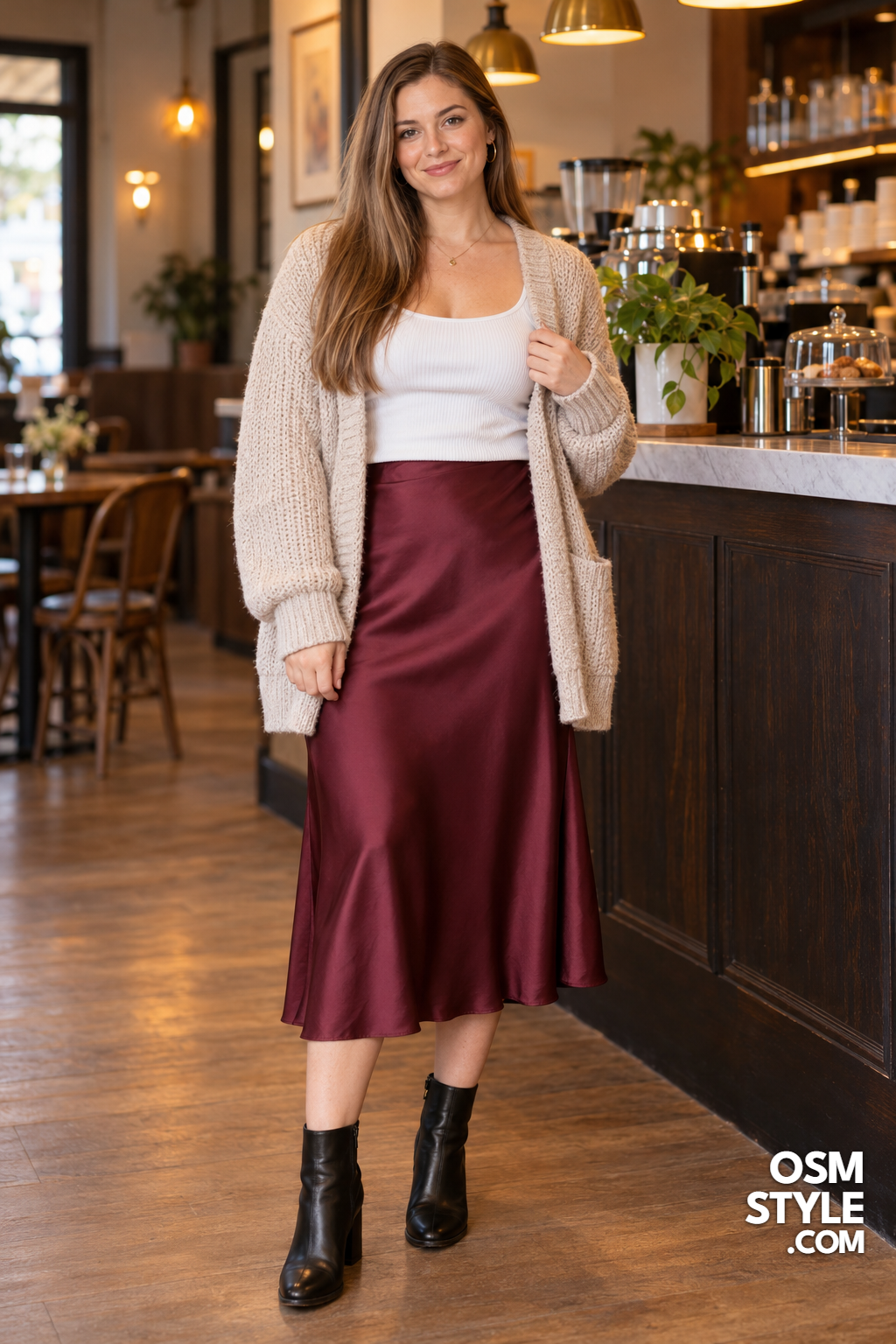 2. Satin Slip Skirt and Chunky Cardigan