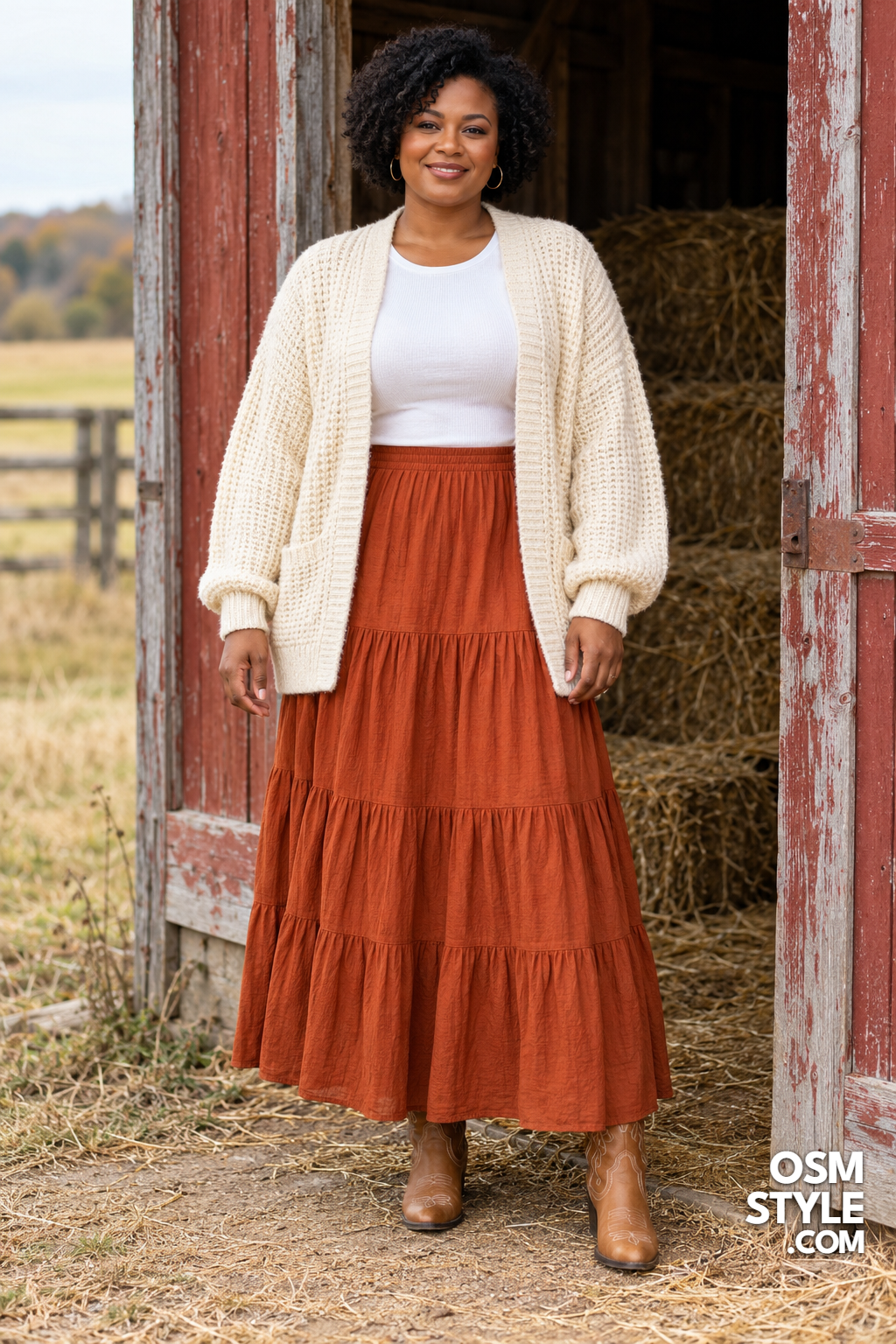 2.Cream Chunky Cardigan With Rust Maxi Skirt