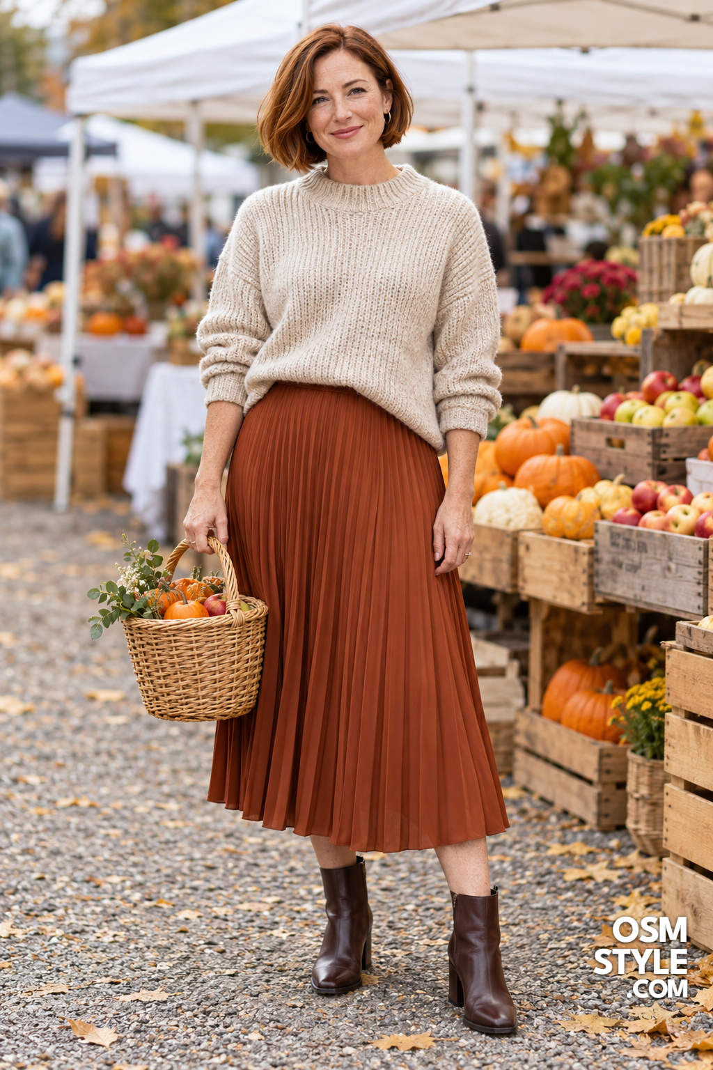 2.Rust Midi Skirt and Oatmeal Sweater