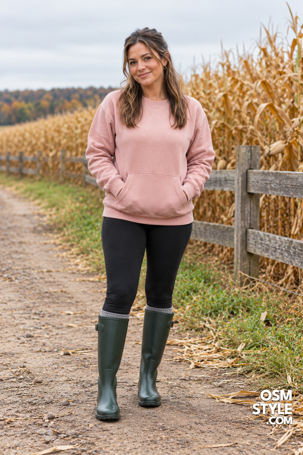 20. Blush Sweatshirt With Green Rain Boots