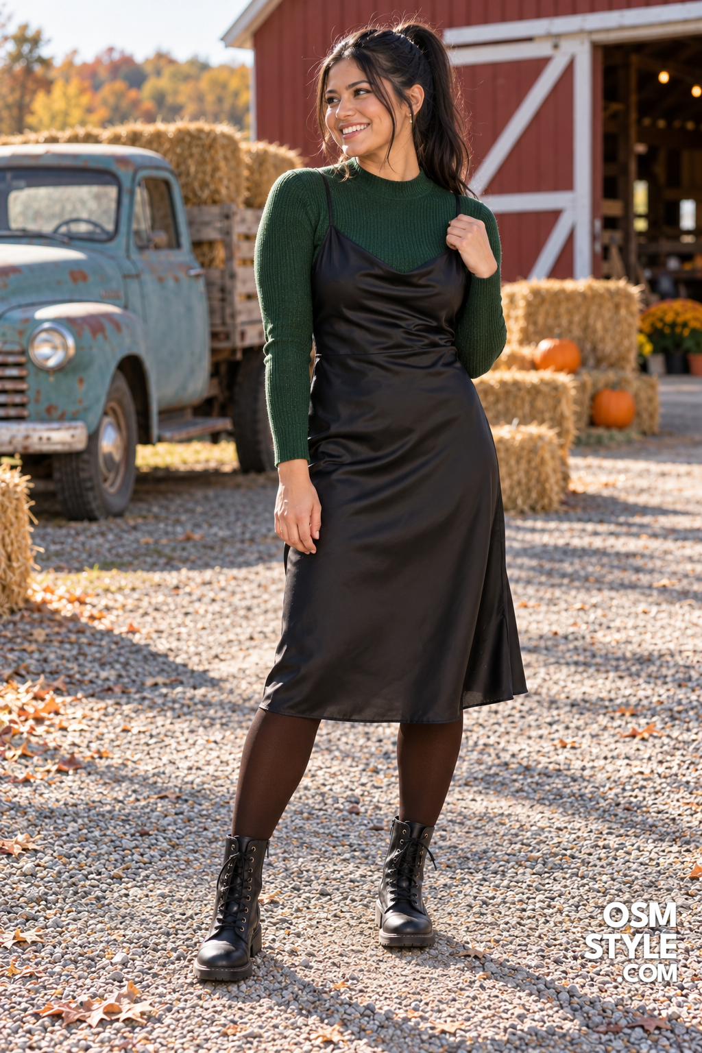 20. Black Slip Dress Over a Green Knit