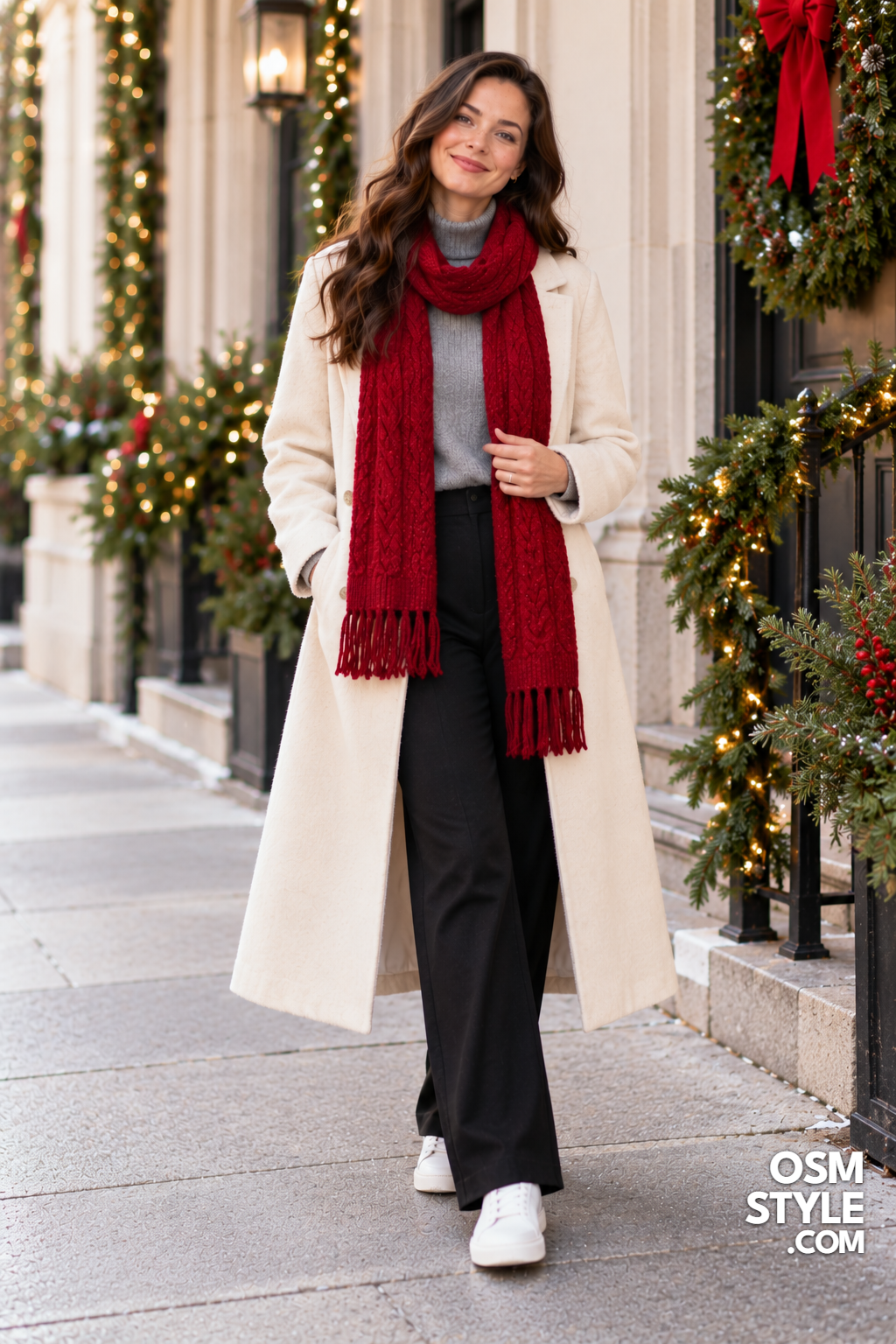 20. Cream Travel Coat with Red Scarf