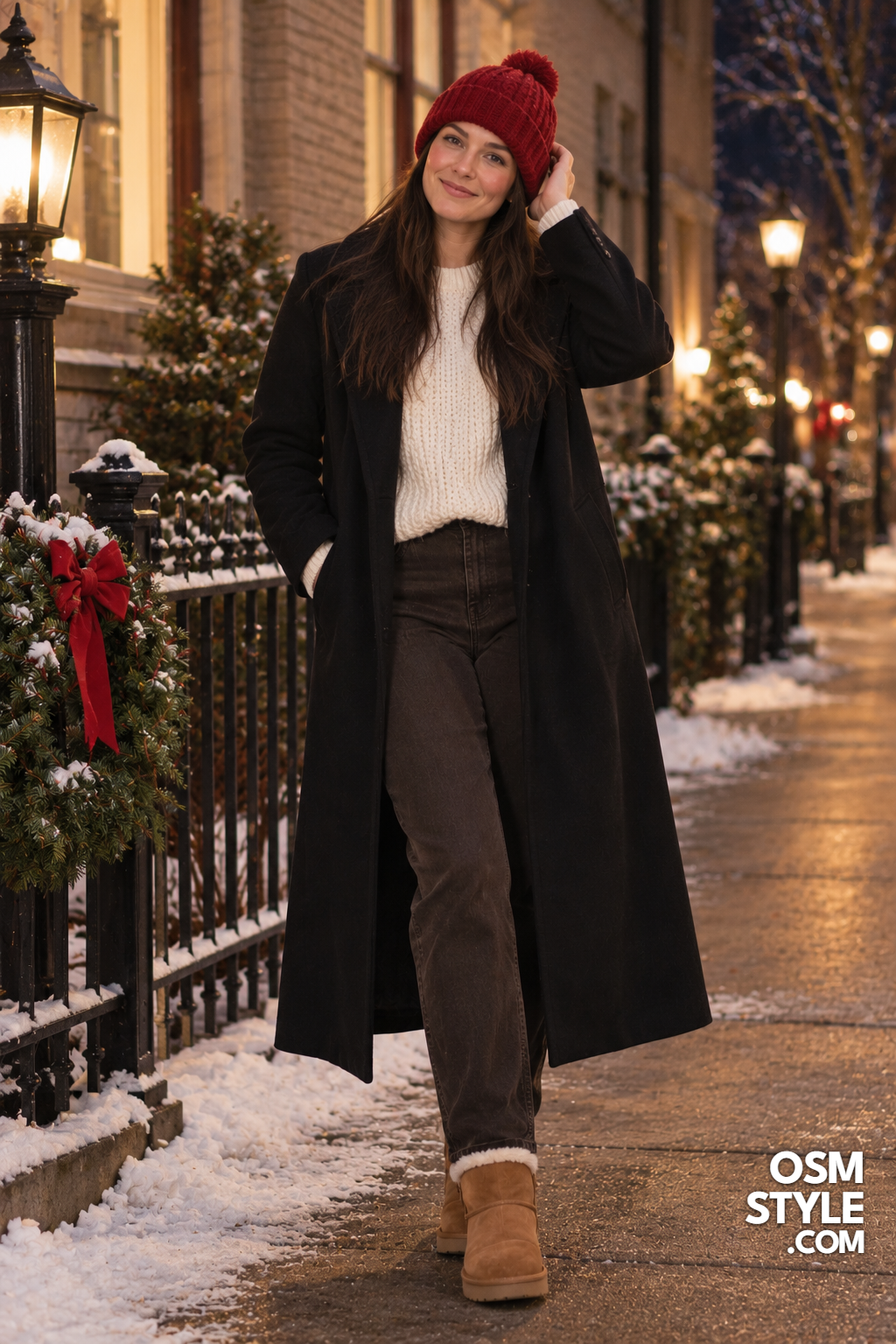 20. Long Black Coat With A Red Beanie