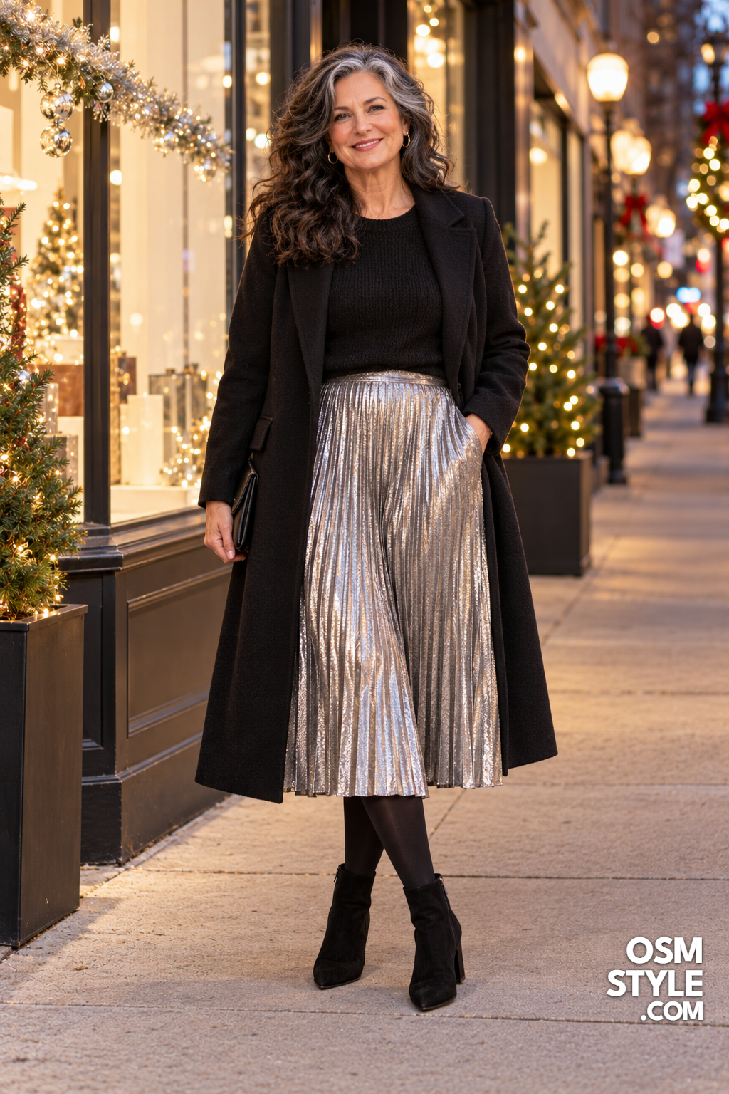 20. Silver Pleated Skirt Holiday Party Look