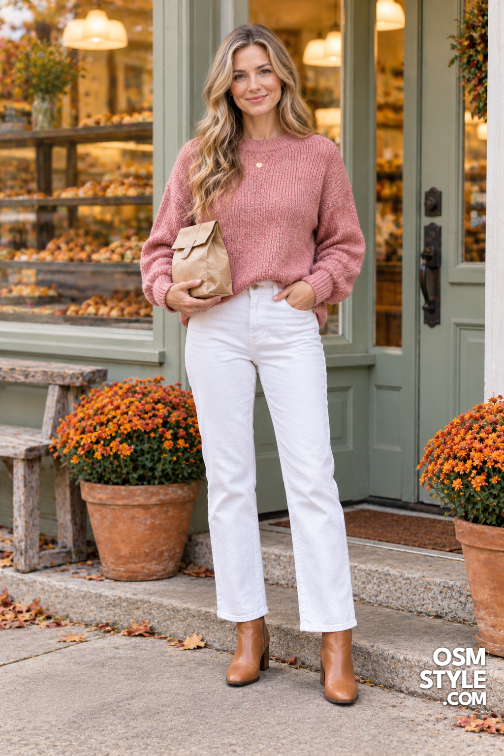 20. White Jeans And A Rose Pink Knit