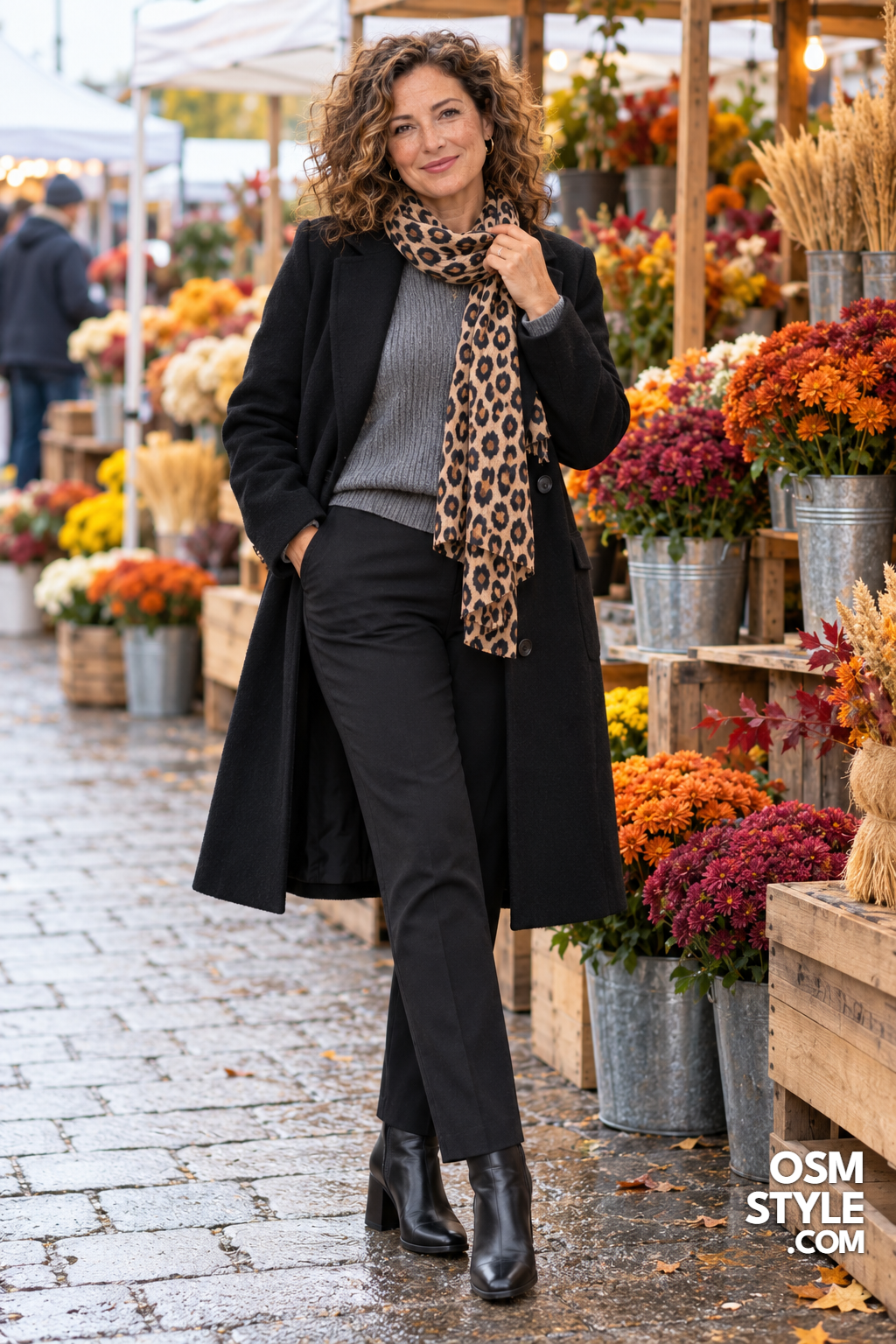 20.Leopard Print Scarf on a Black Coat