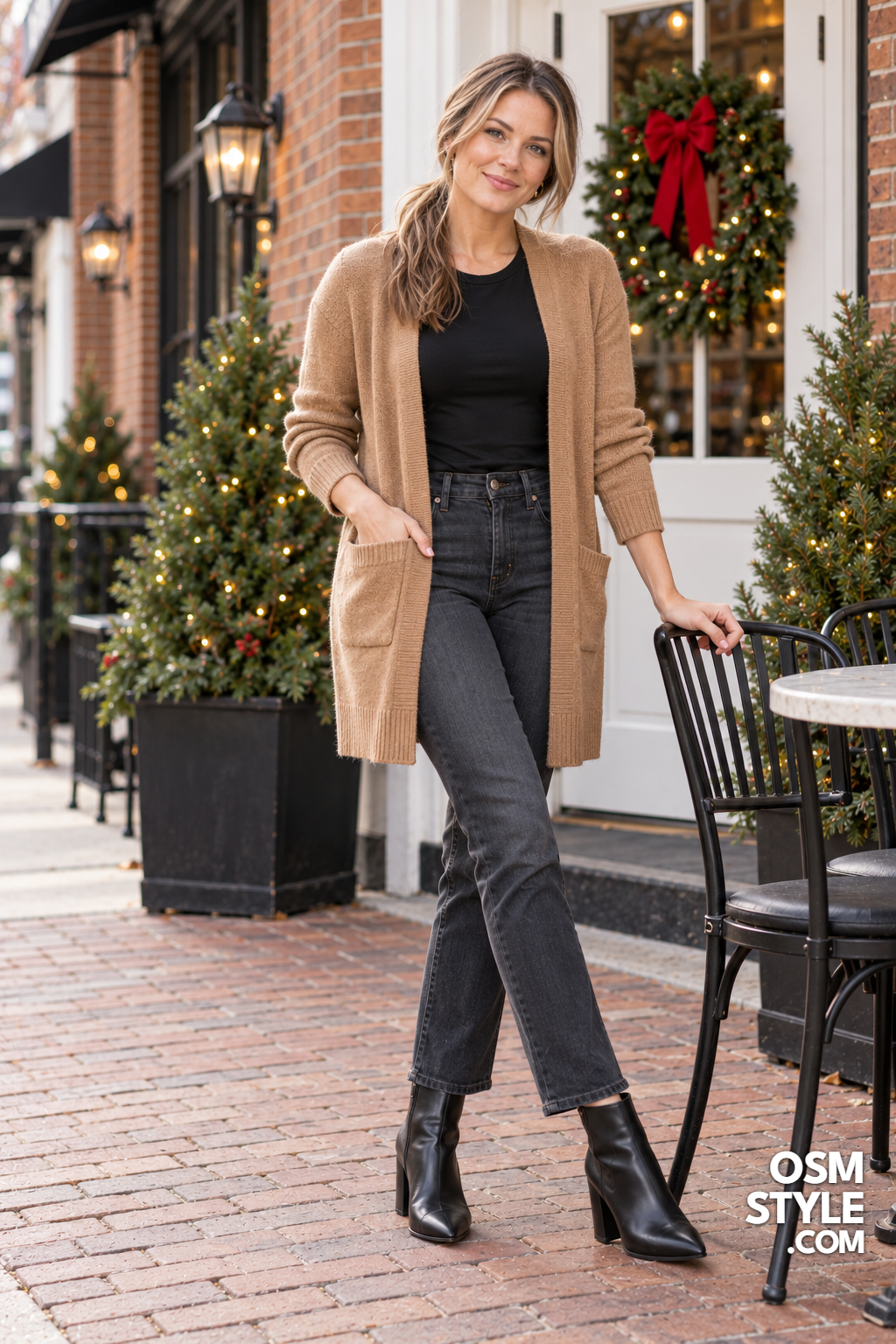 21. Camel Cardigan For Christmas Eve Plans