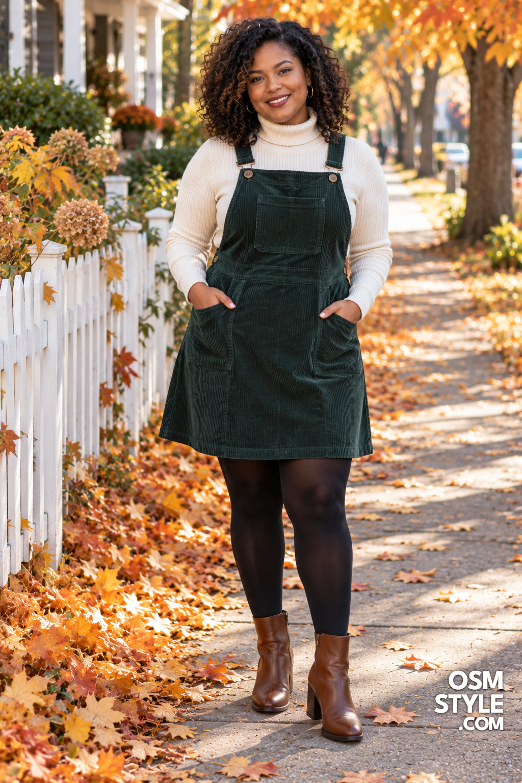 21. Corduroy Pinafore Over a Cream Turtleneck