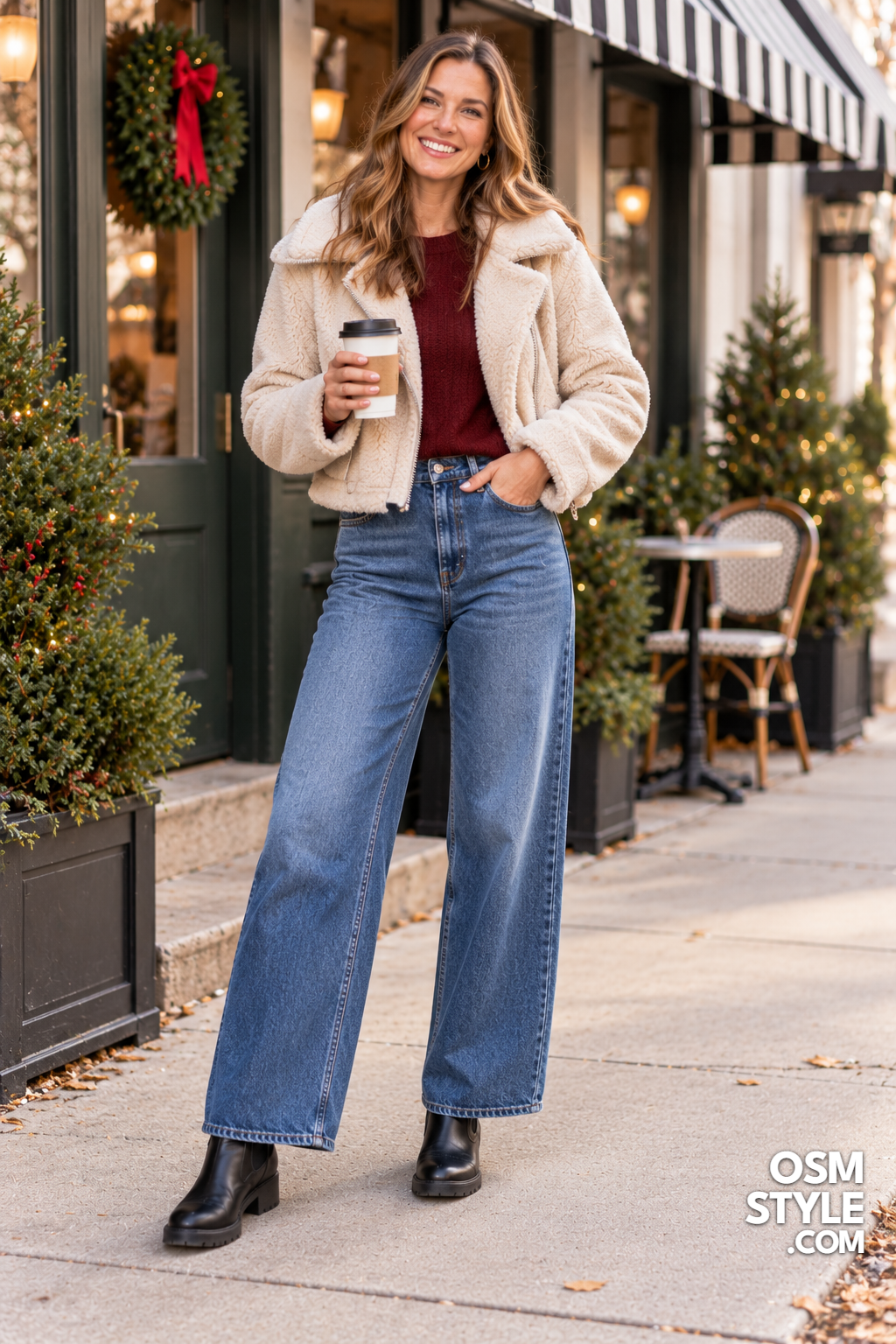 21. Cropped Shearling Jacket And Wide Leg Jeans