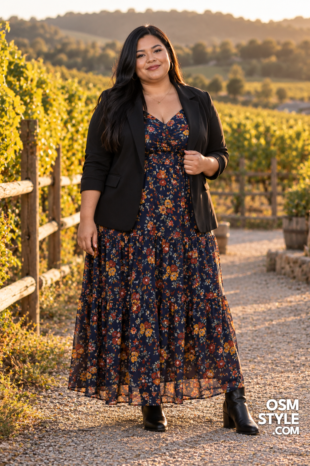 21. Floral Maxi Dress With a Black Blazer