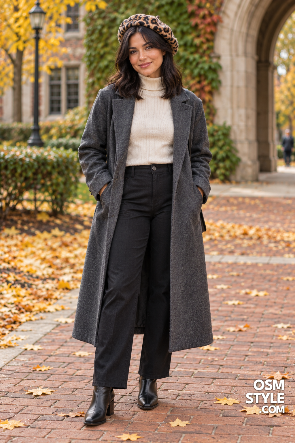 21. Leopard Beret With a Long Gray Coat