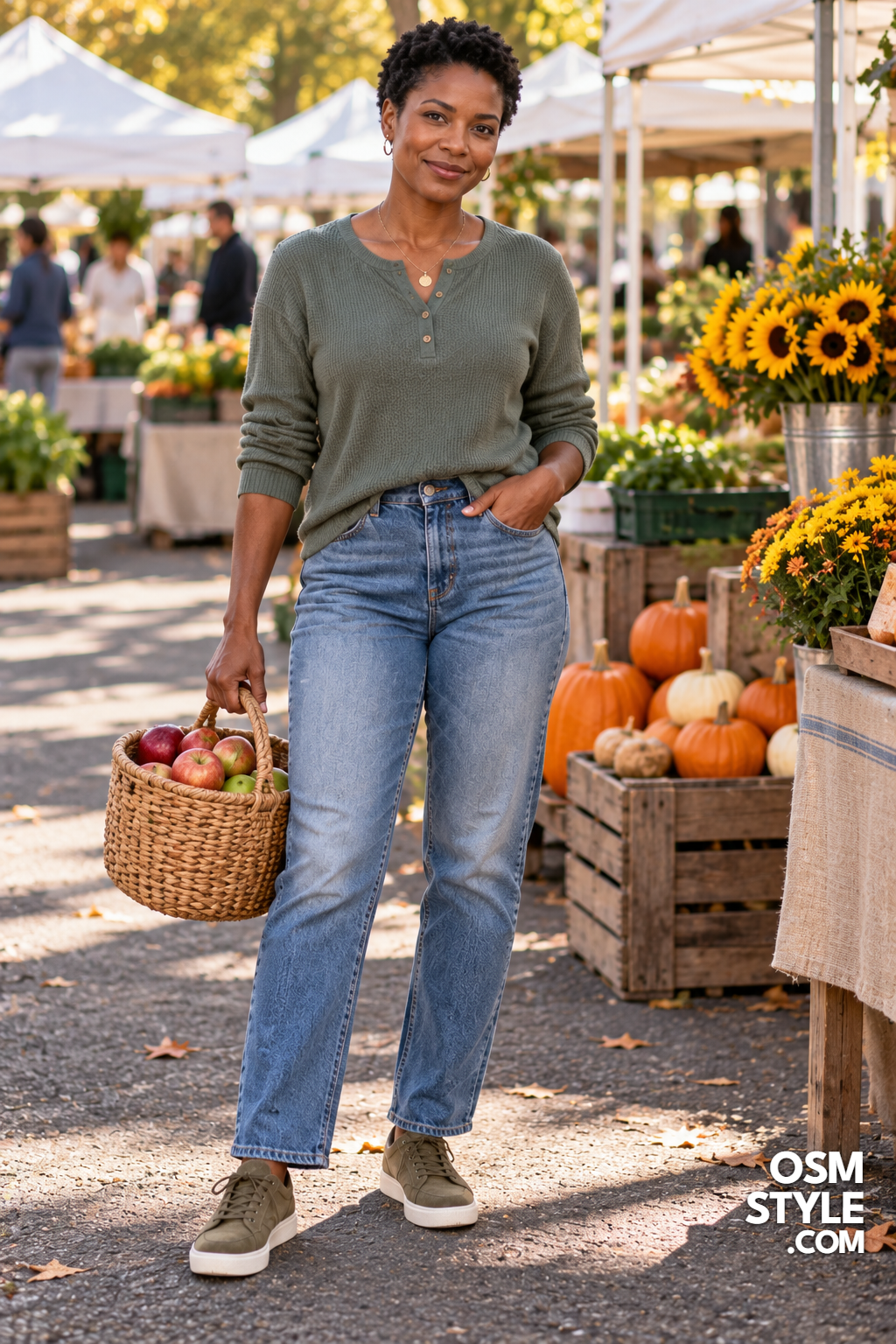 21. Sage Waffle Henley With Faded Jeans