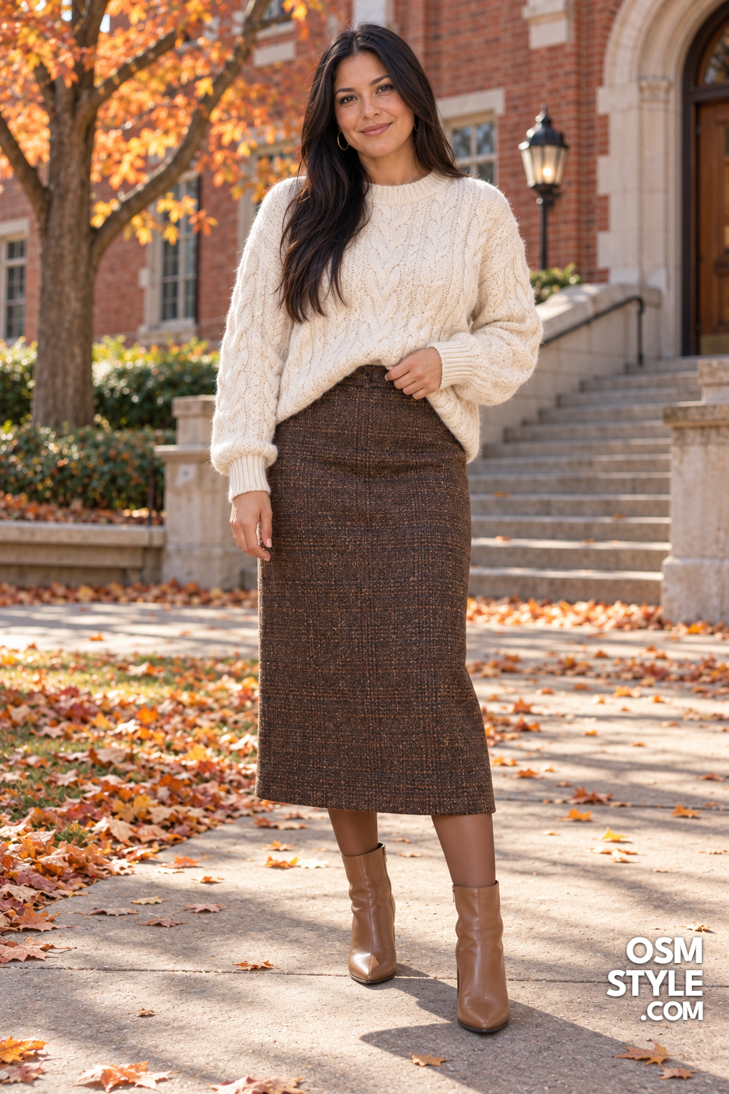21. Tweed Midi Skirt With Cream Cable Knit