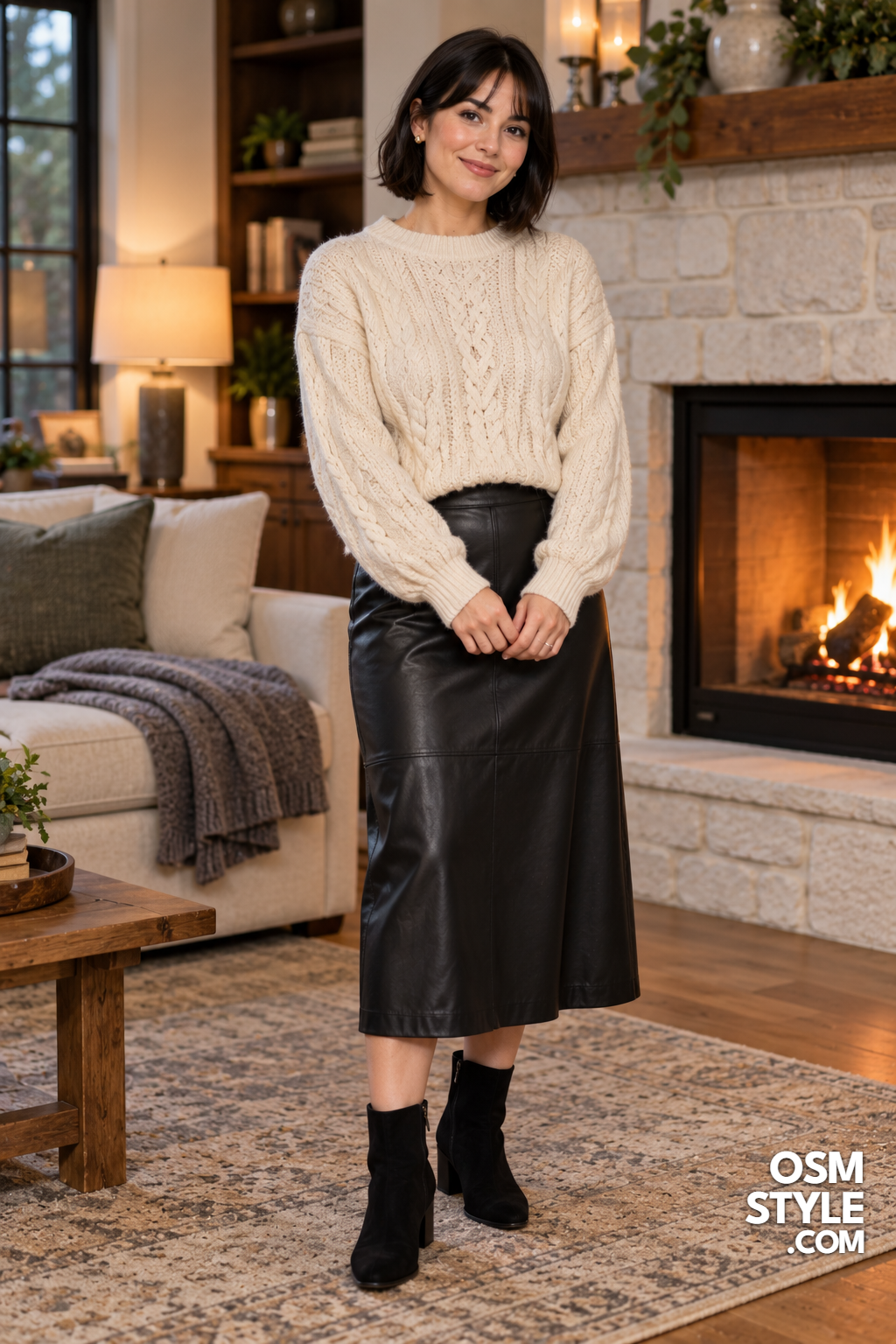 21.Cream Cable Knit and Leather Skirt