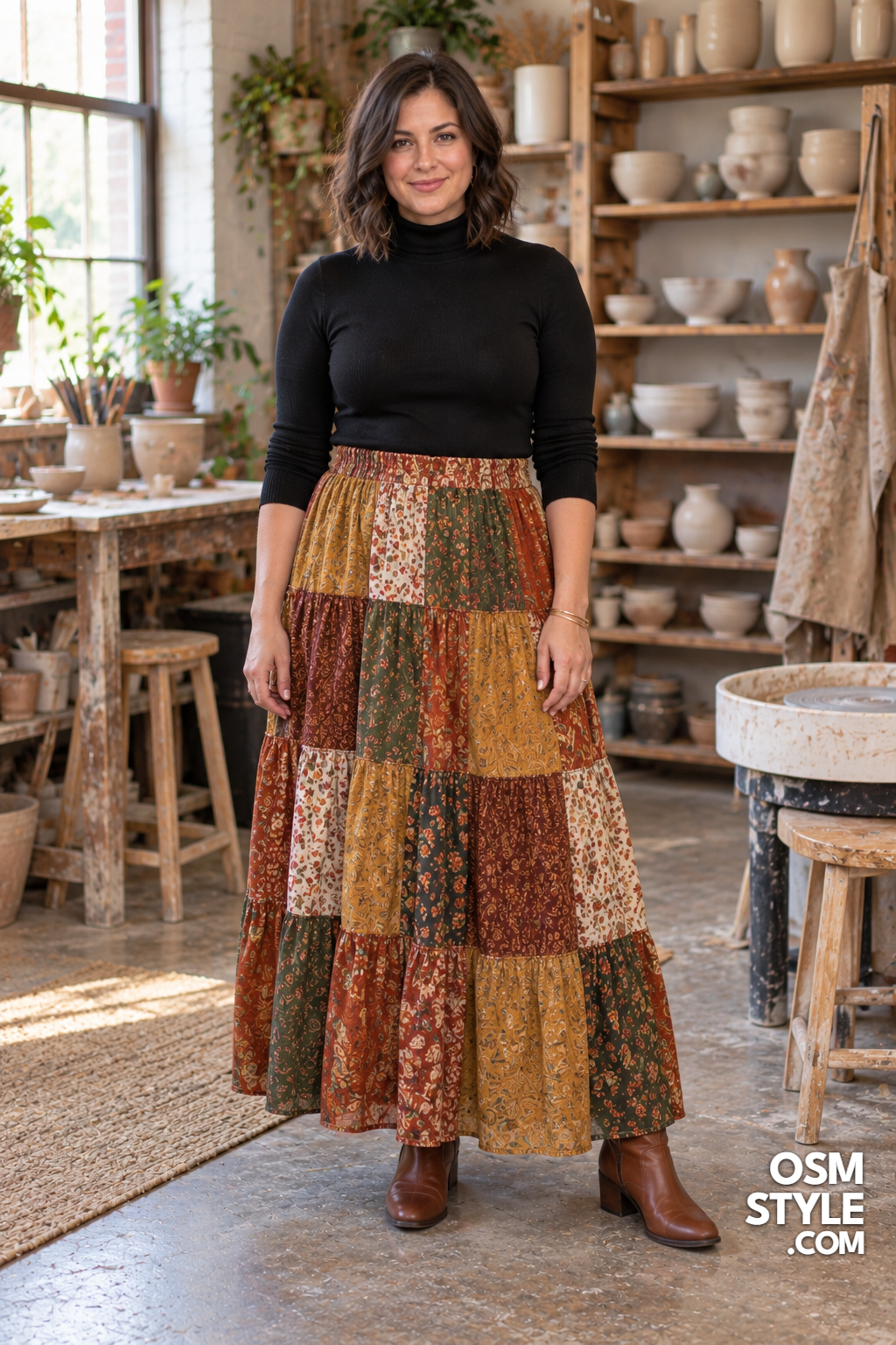 21.Patchwork Maxi Skirt With Black Turtleneck