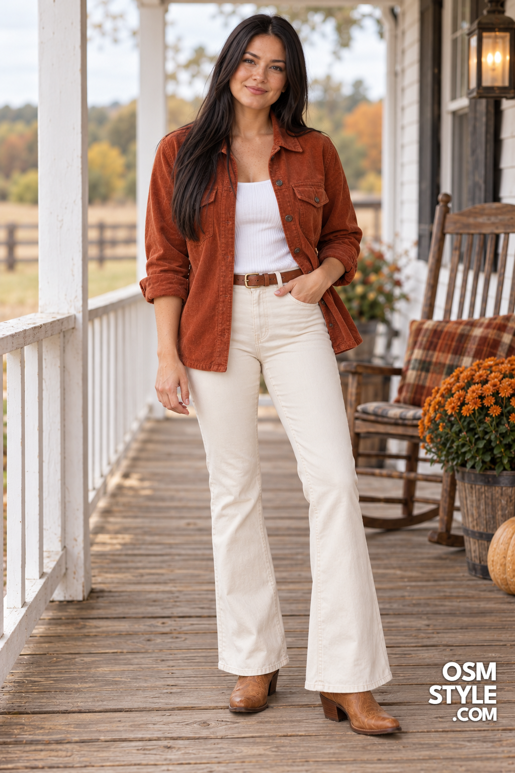 21.Rust Corduroy Shirt Jacket With Cream Flare Pants