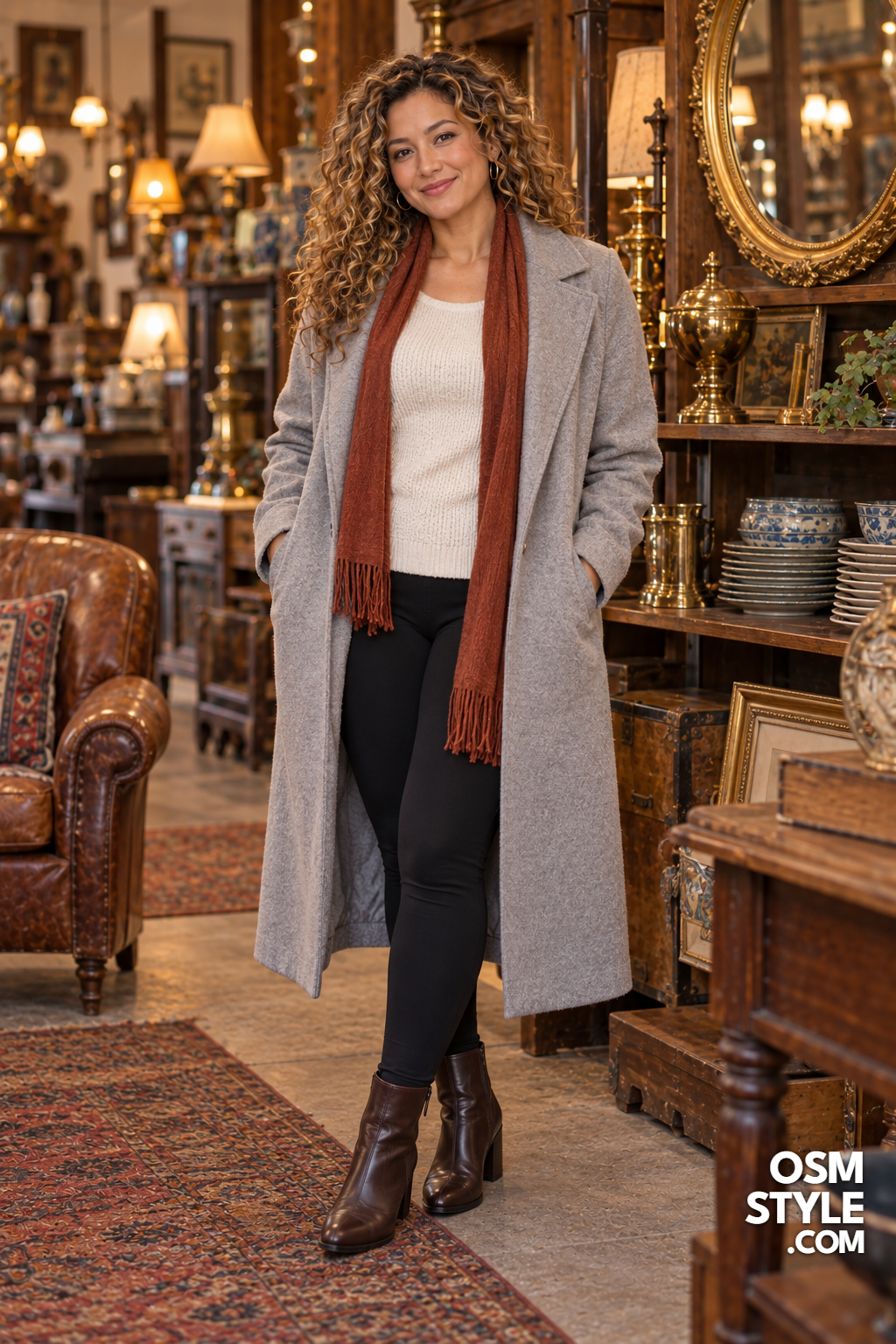 22. Long Dove Gray Coat in an Antique Shop