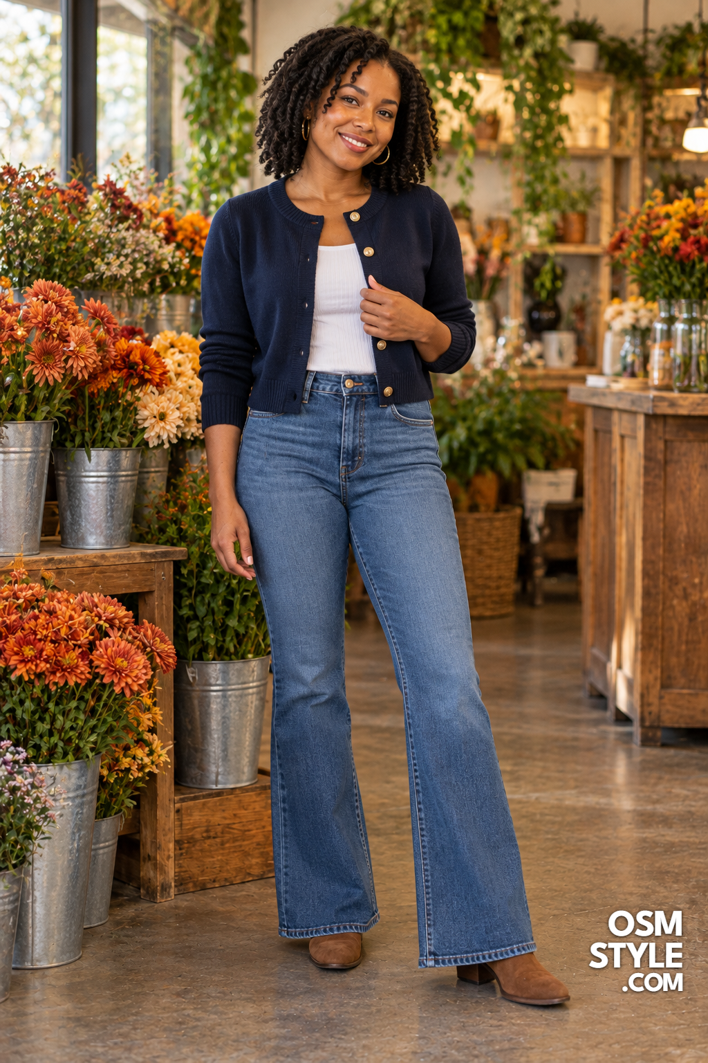 22. Flared Jeans Under a Cropped Navy Cardigan
