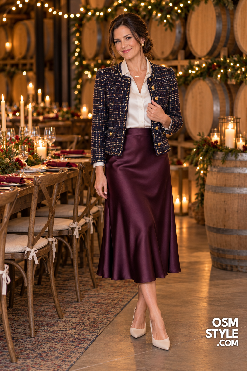 22. Tweed Jacket Over A Plum Satin Skirt