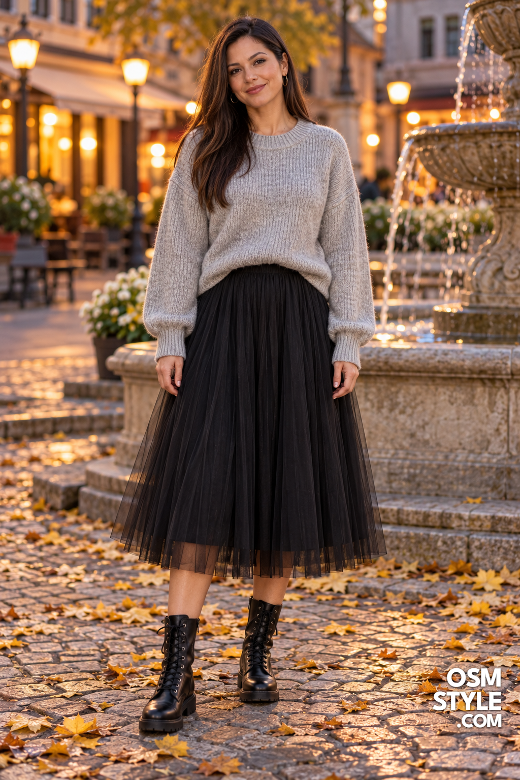 22.Black Tulle Midi With Chunky Gray Sweater