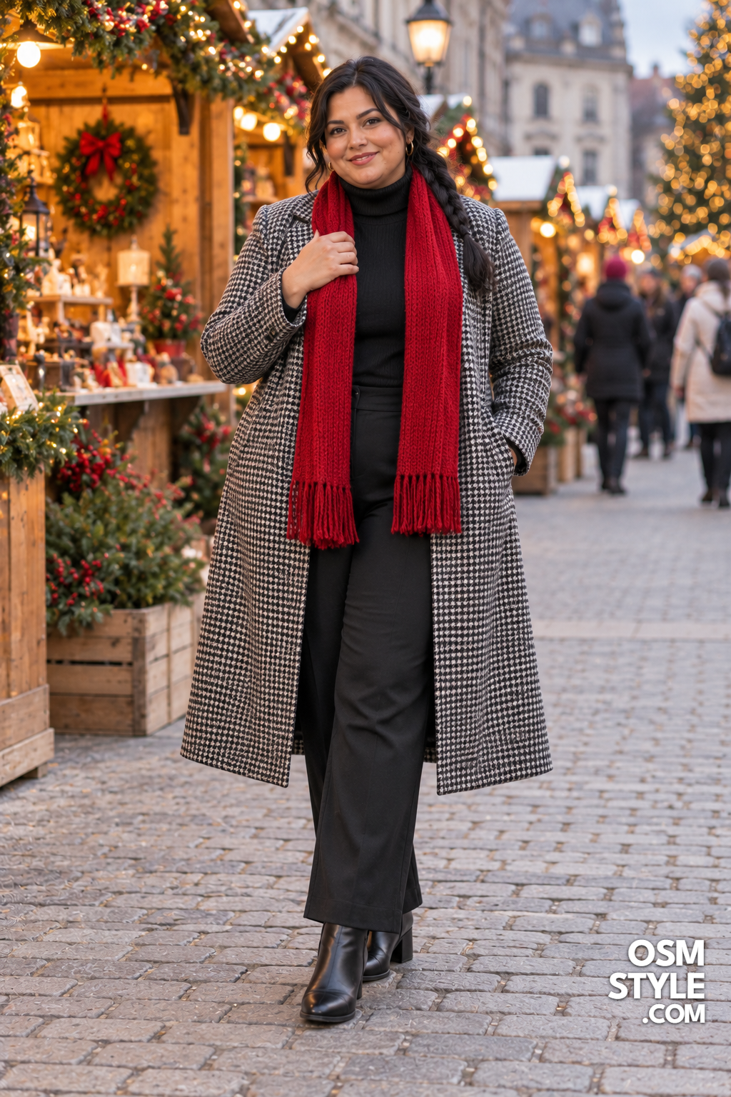 23. Houndstooth Coat and a Red Scarf