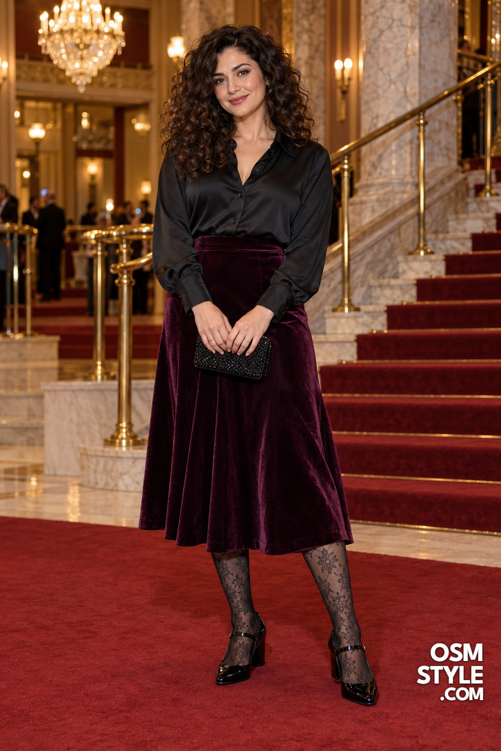 23. Plum Velvet Midi With Lace Tights