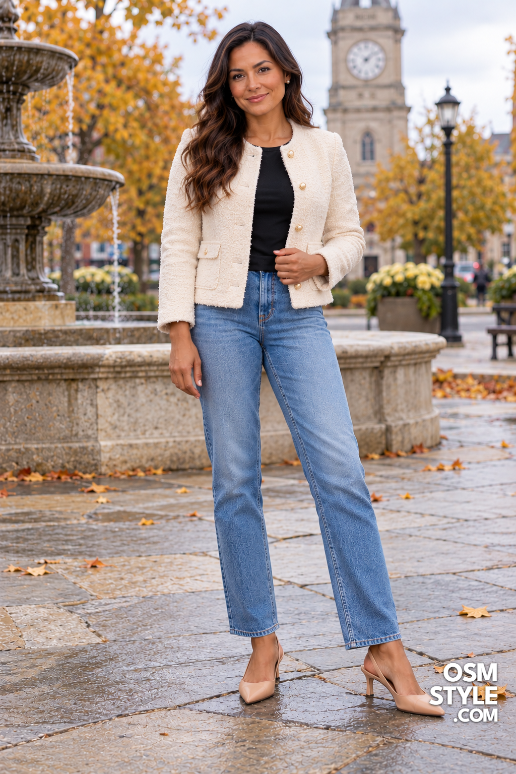 23.Cream Bouclé Jacket and Blue Jeans