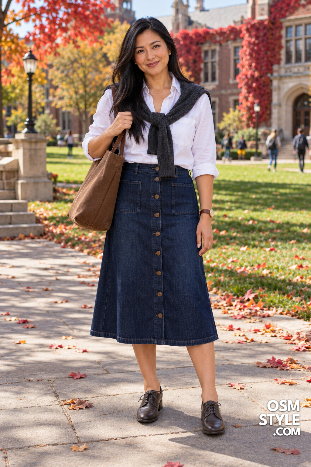 23.Dark Denim Midi Skirt for Campus Days