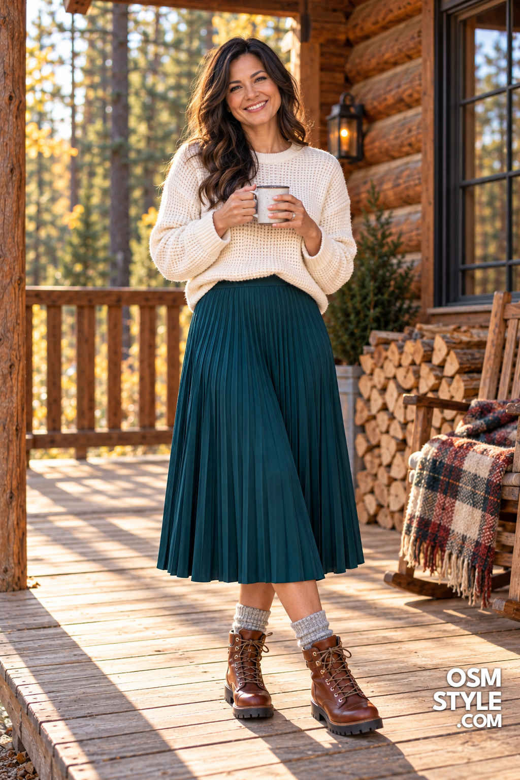 23.Deep Teal Pleats With Cream Waffle Knit