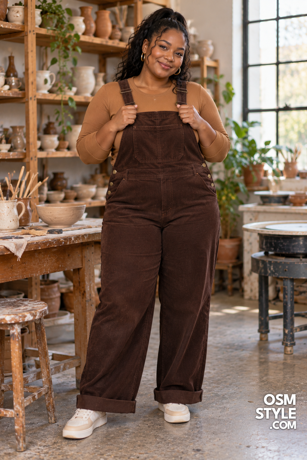 24. Corduroy Overalls With a Caramel Tee