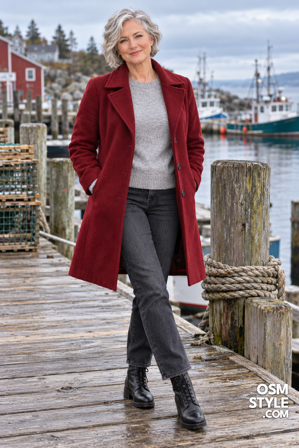 24.Cranberry Red Coat on a Harbor Dock