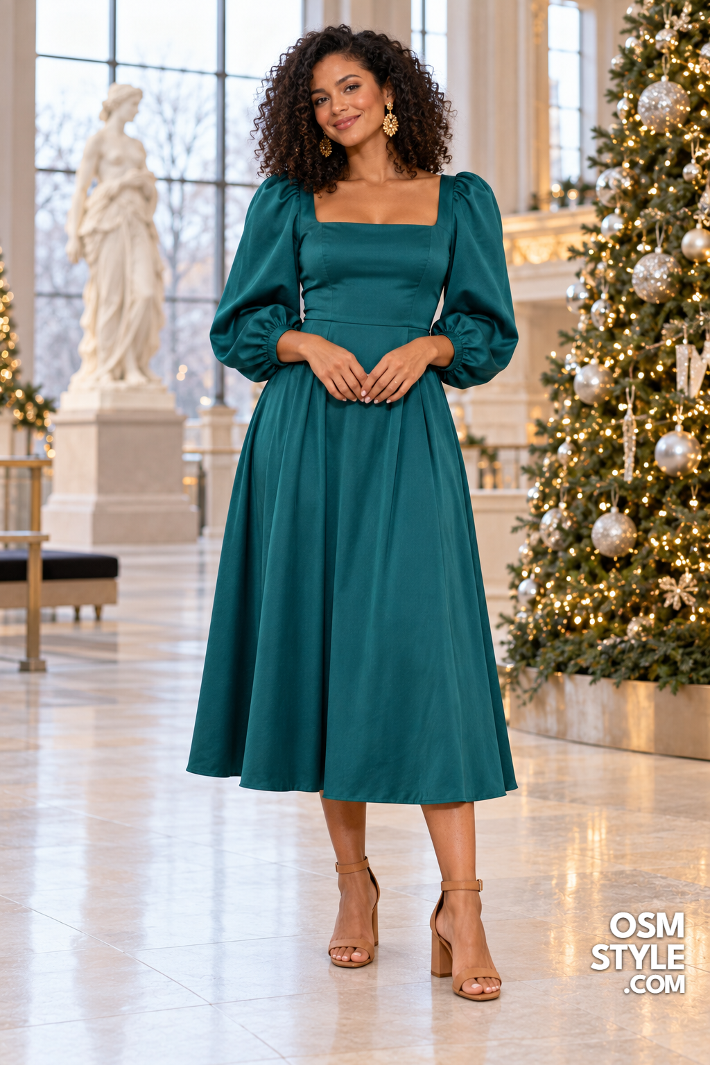 24.Teal Puff Sleeve Midi Dress