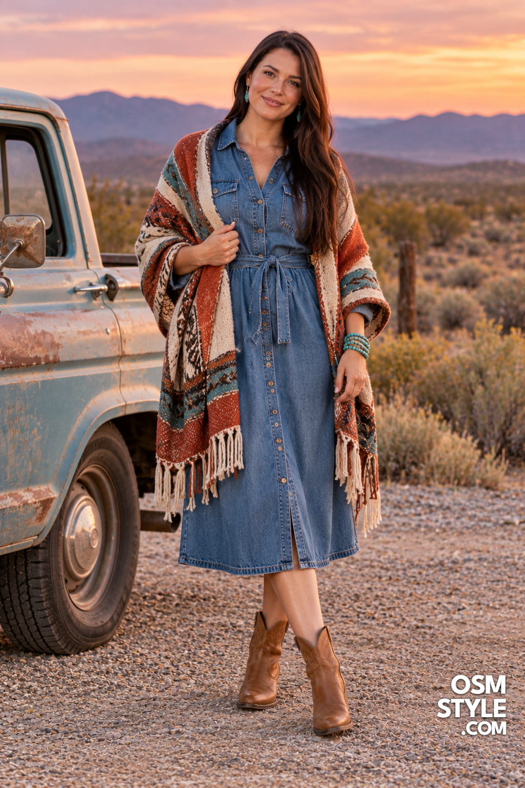 24.Woven Blanket Wrap Over Denim Dress