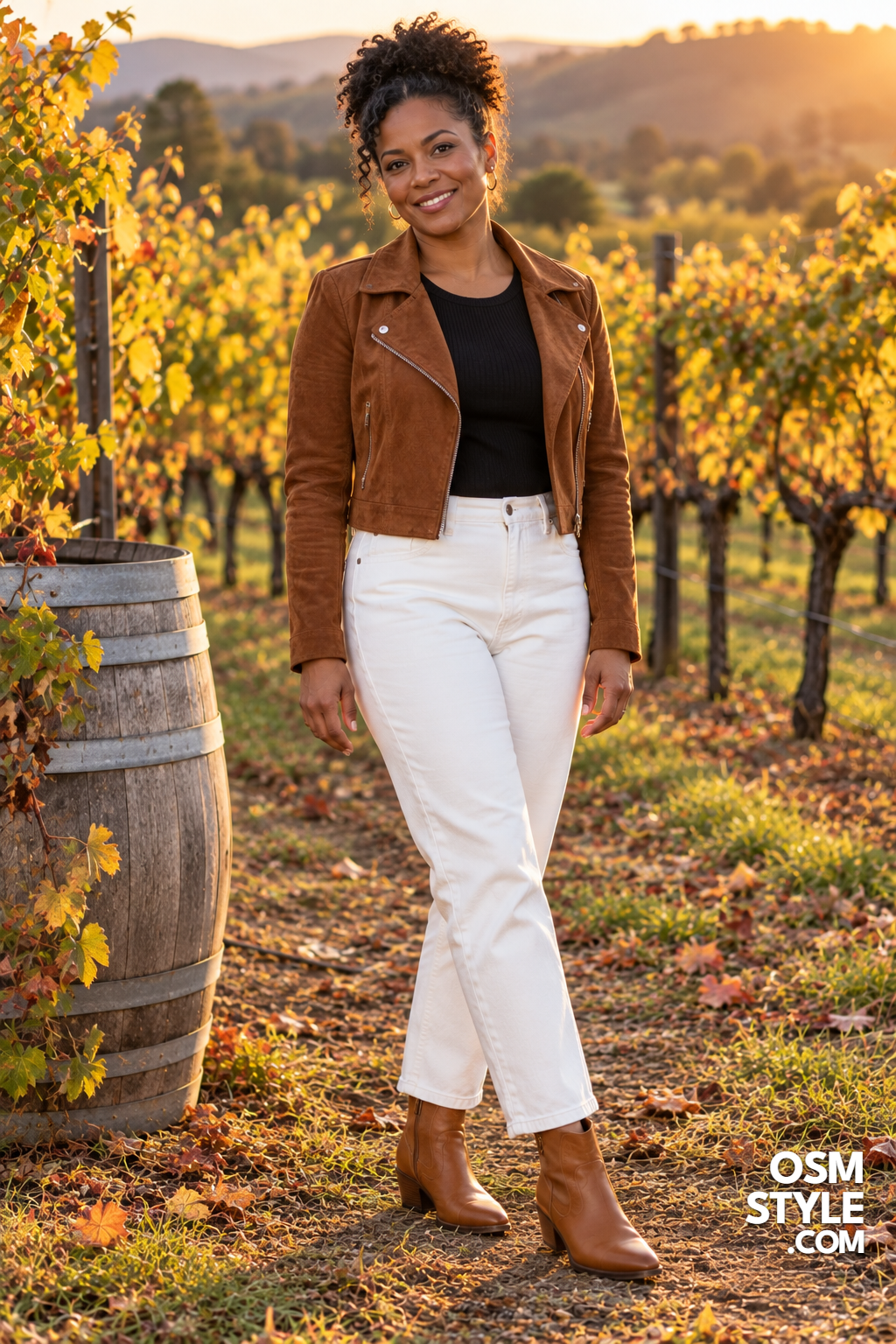 26. Chestnut Suede Jacket Over White Jeans