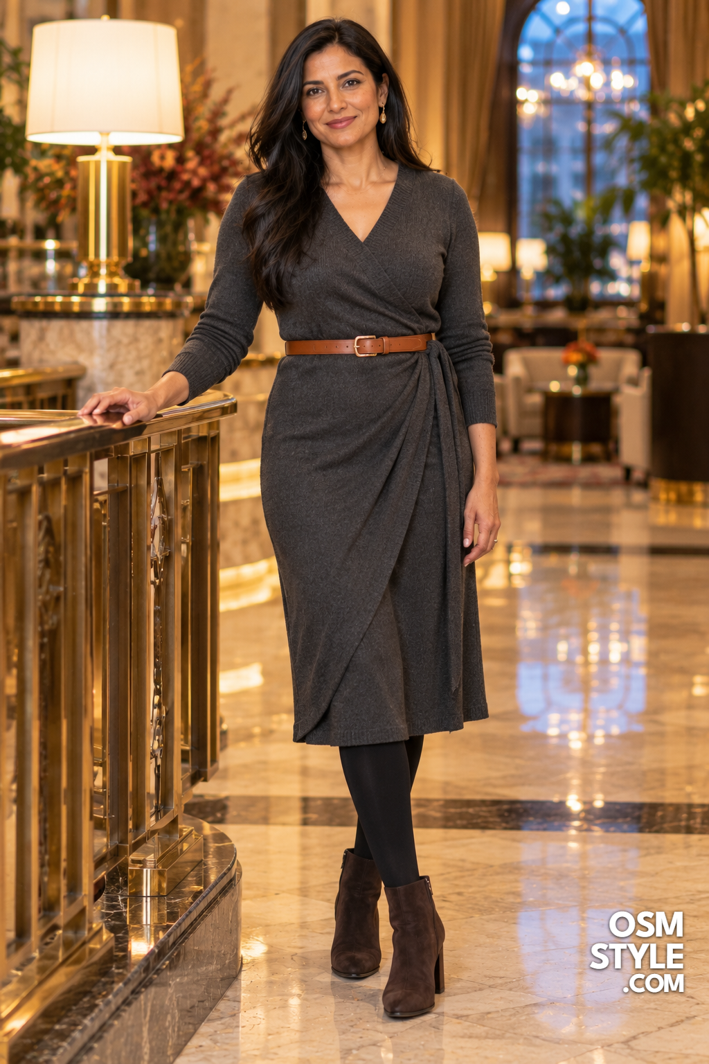 26.Charcoal Wrap Dress With a Cognac Belt