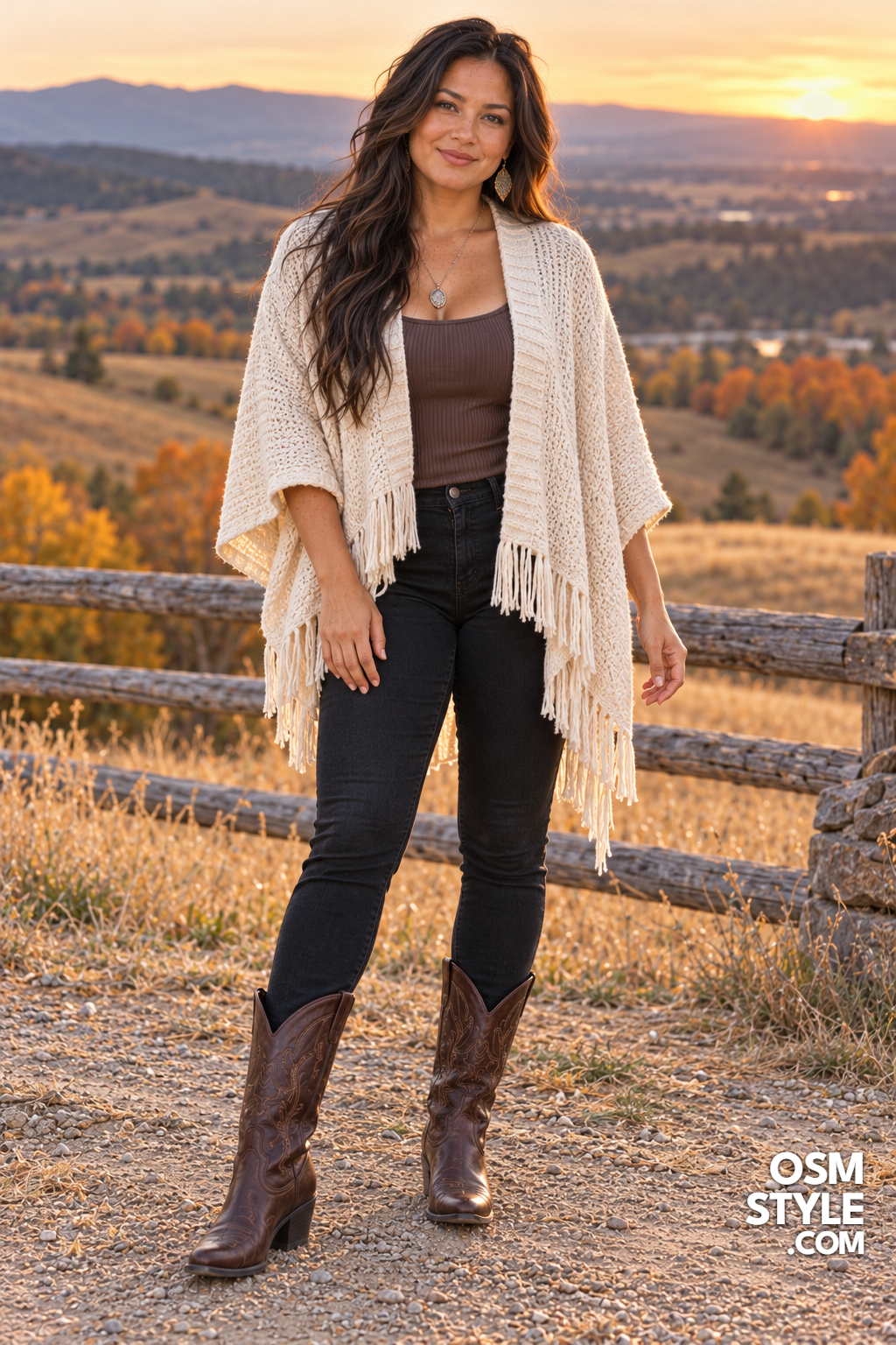 26.Ivory Knit Poncho With Dark Brown Boots