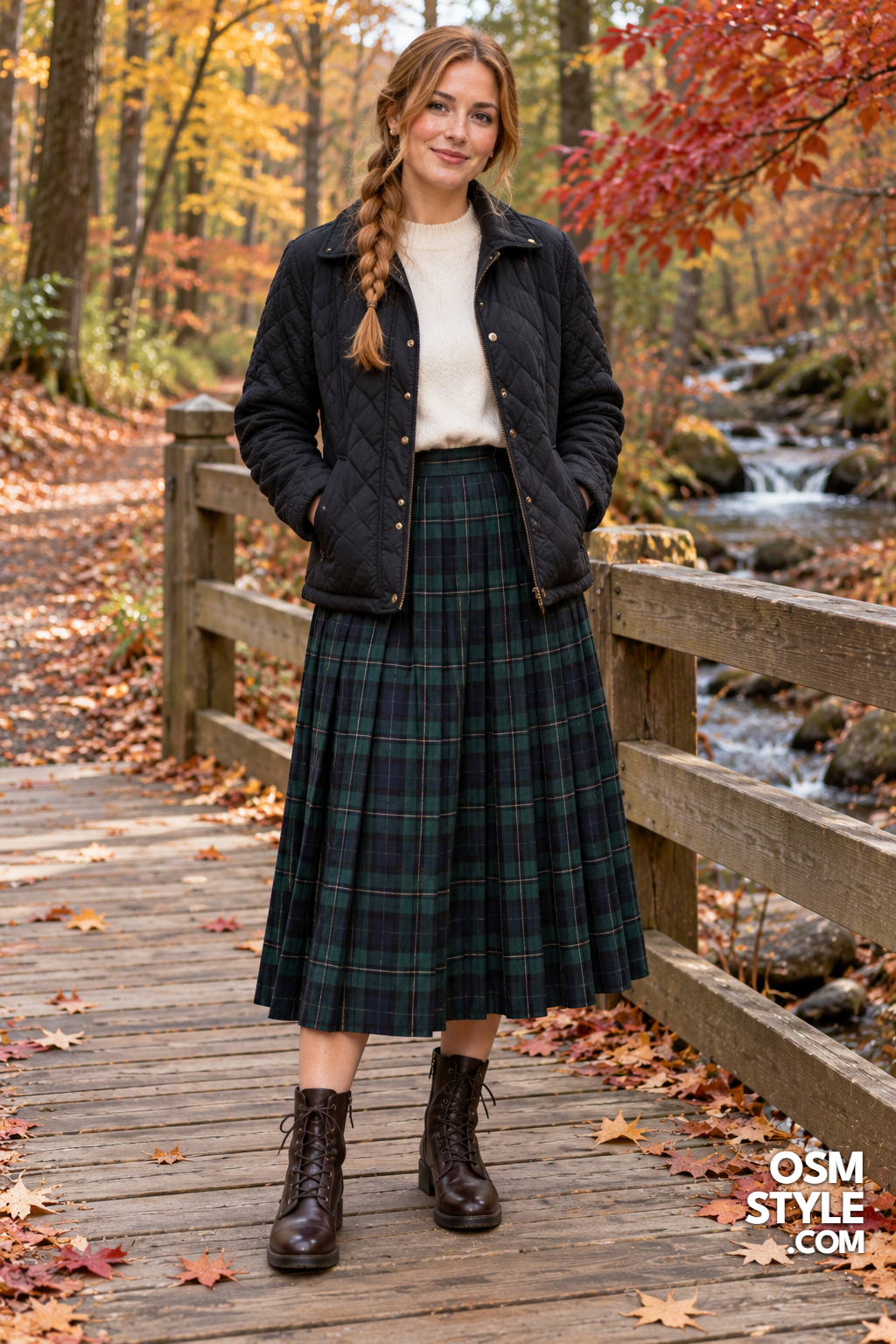 26.Plaid Midi Skirt and Black Quilted Jacket