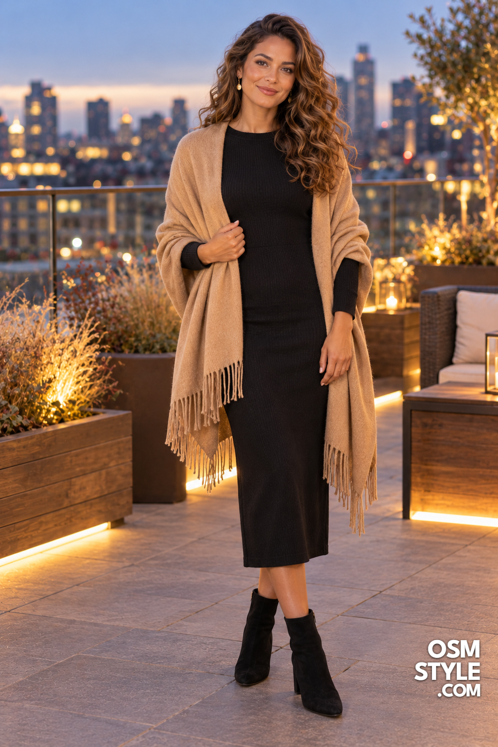 27.Black Knit Dress and Camel Wrap