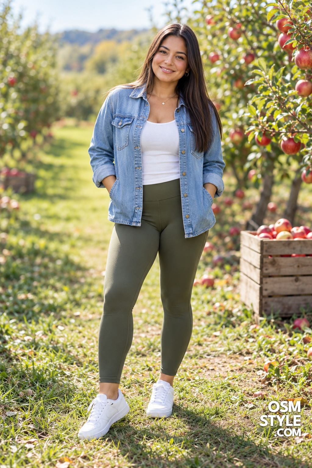 3. Olive Leggings and Denim Shirt Jacket