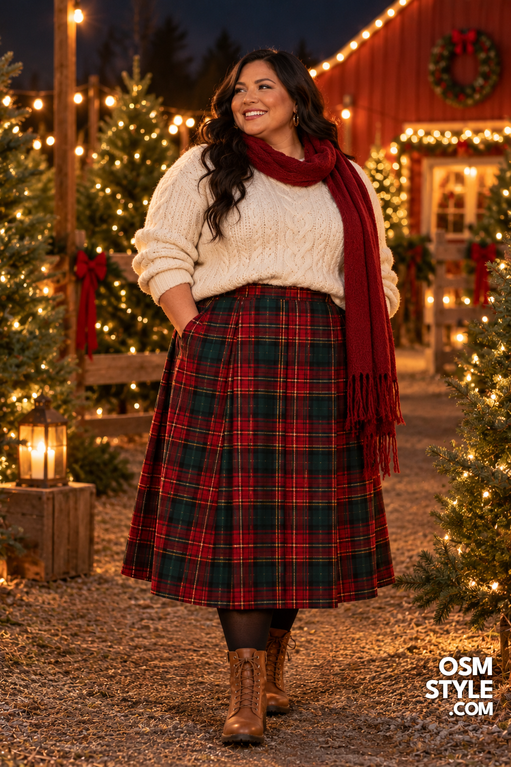 3. Cream Cable Knit with Tartan Pleats