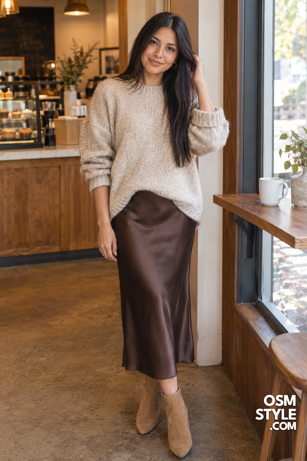 3. Oatmeal Sweater Meets Chocolate Slip Skirt