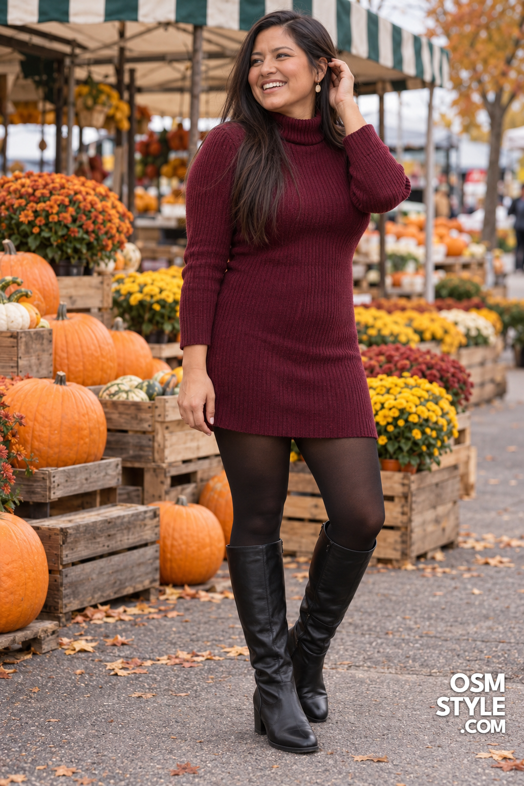 3. Short Burgundy Sweater Dress, Tall Boots