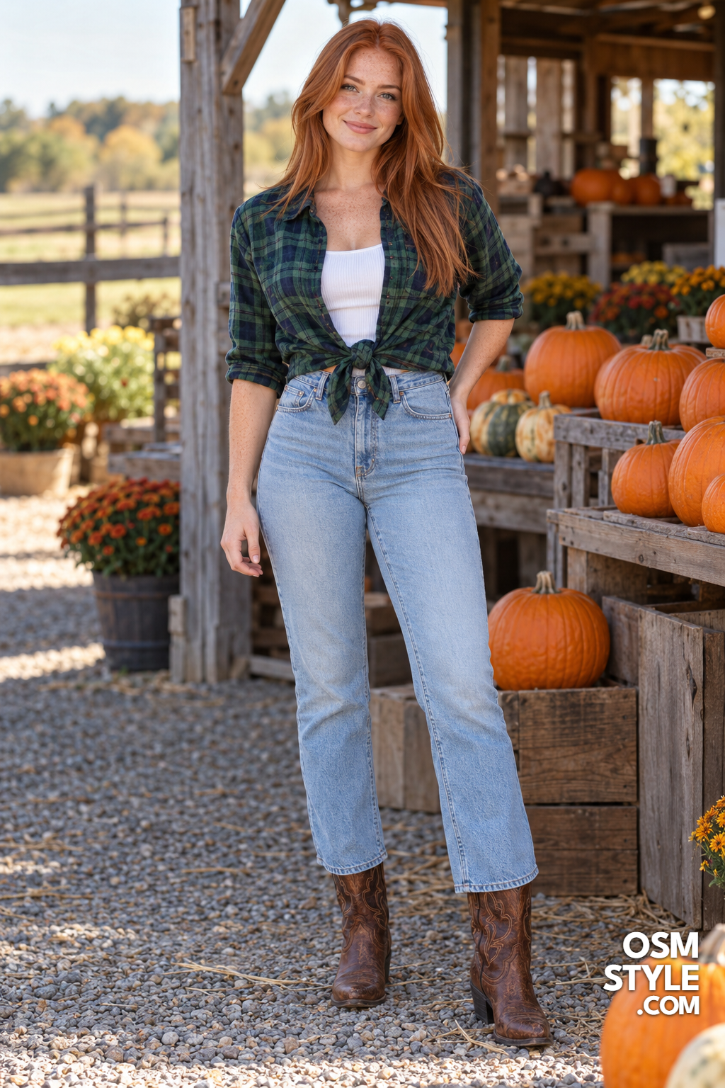 3.Green Plaid Flannel Tied at the Waist