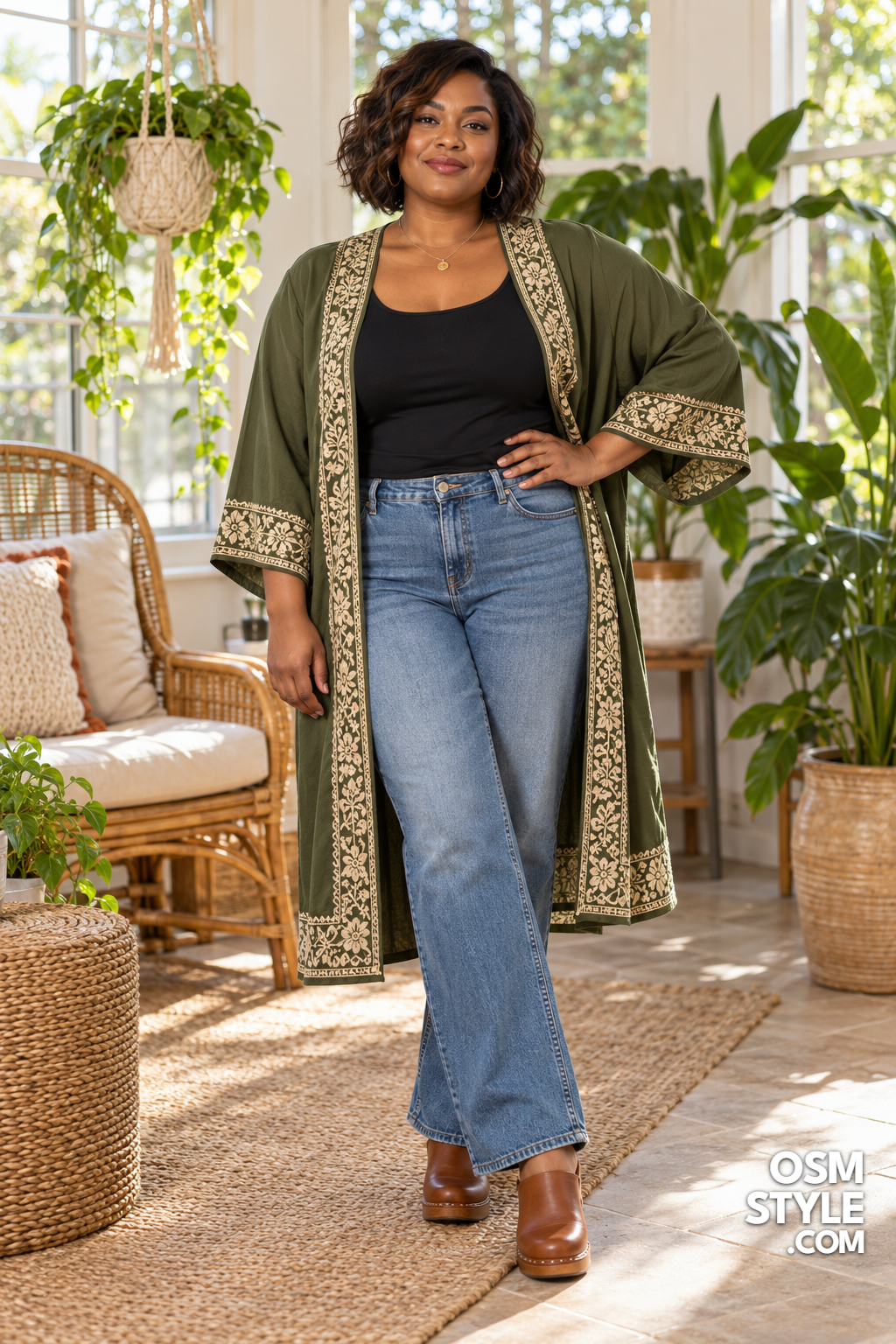 3.Olive Kimono Jacket With Black Tank