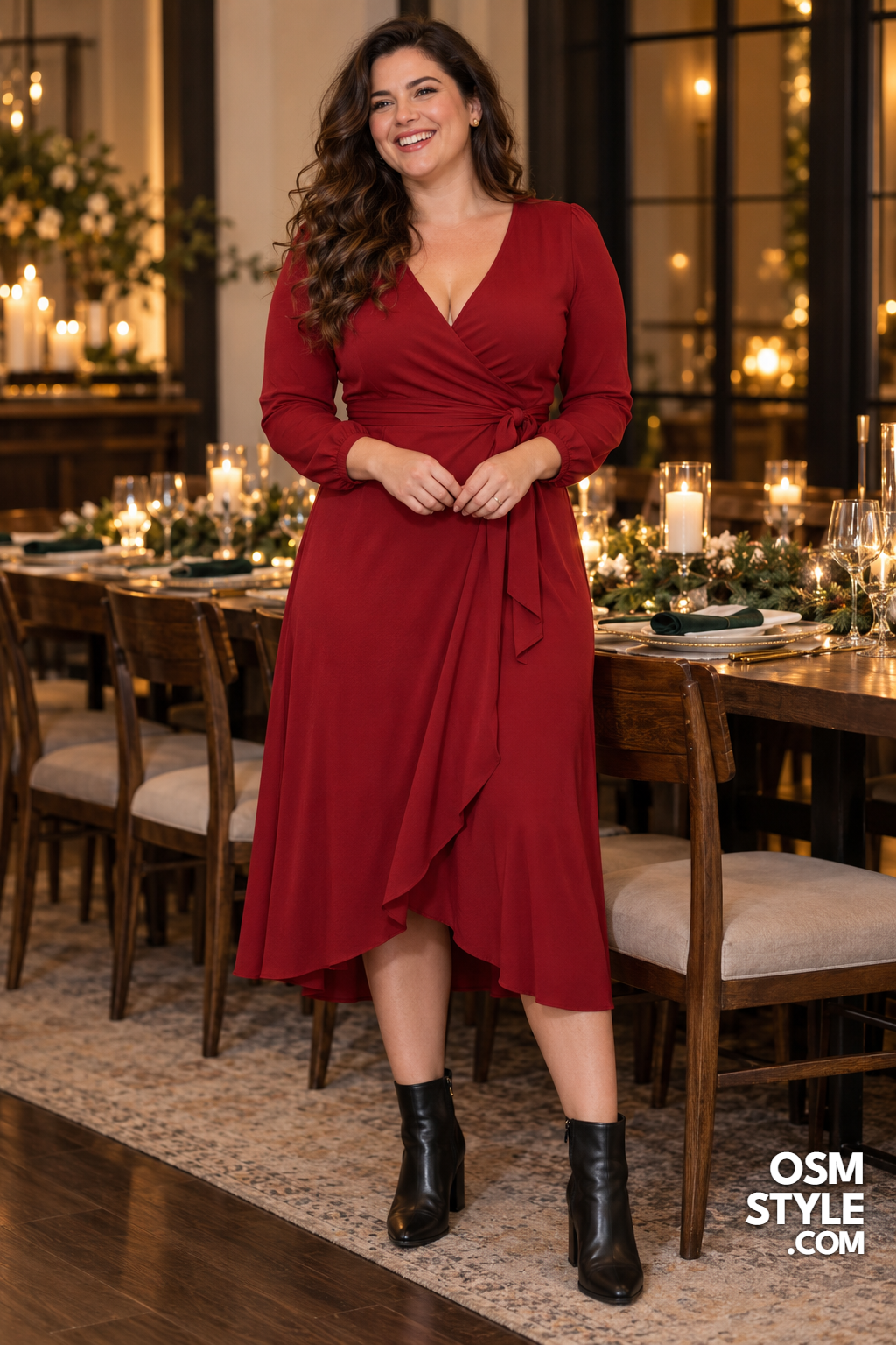 3.Red Wrap Dress With Black Boots