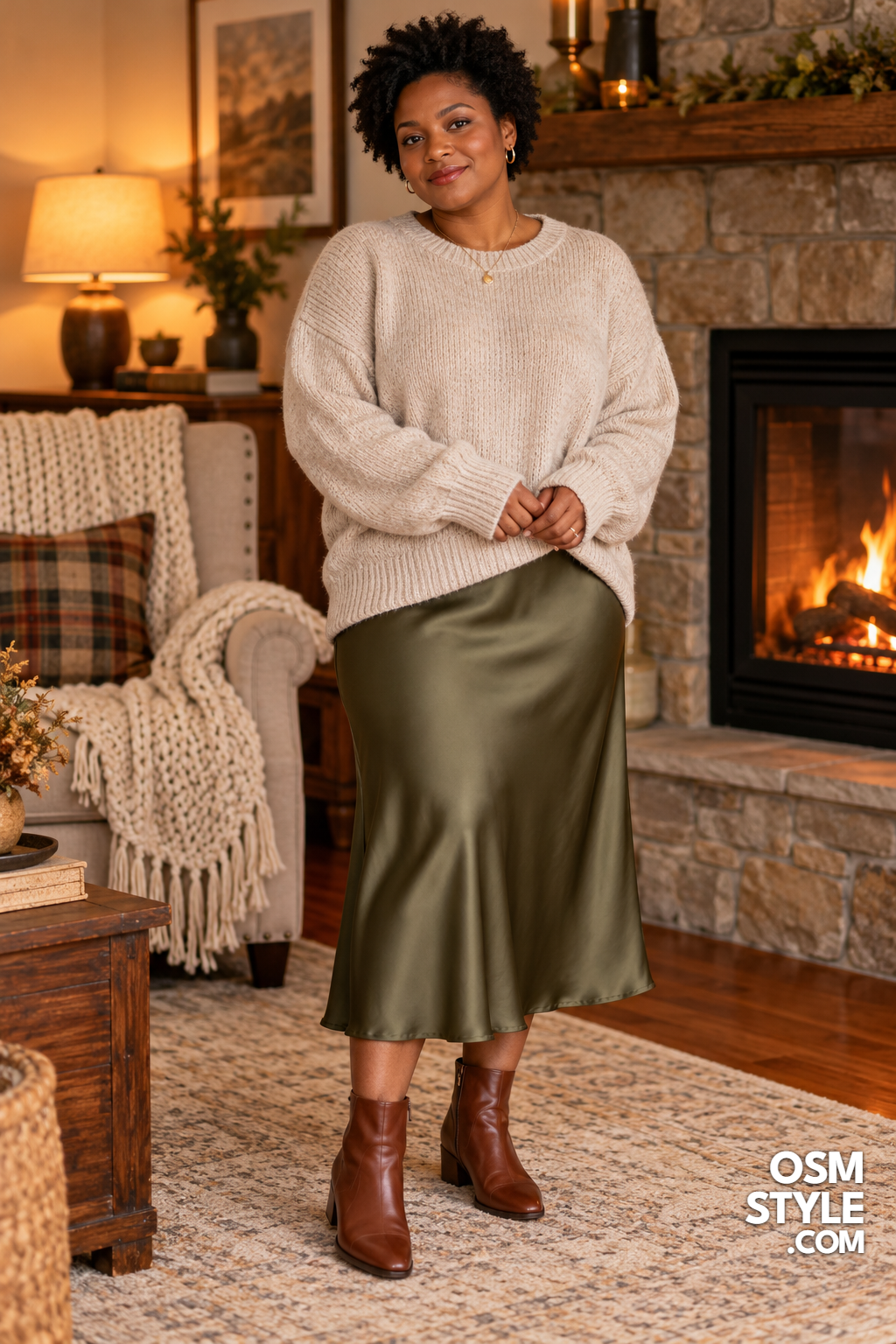 3.Soft Olive Satin Skirt Under Oatmeal Knit